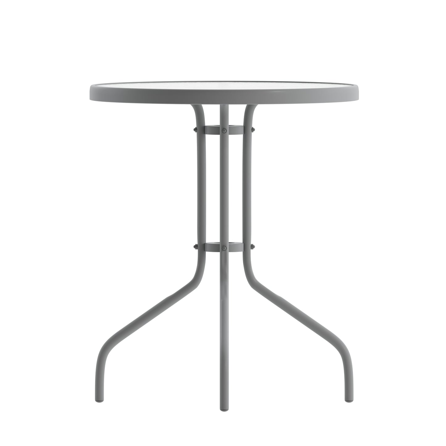 Lila 23.75'' Round Glass Top Metal Table with 2 Silver Aluminum Slat Stack Chairs Silver
