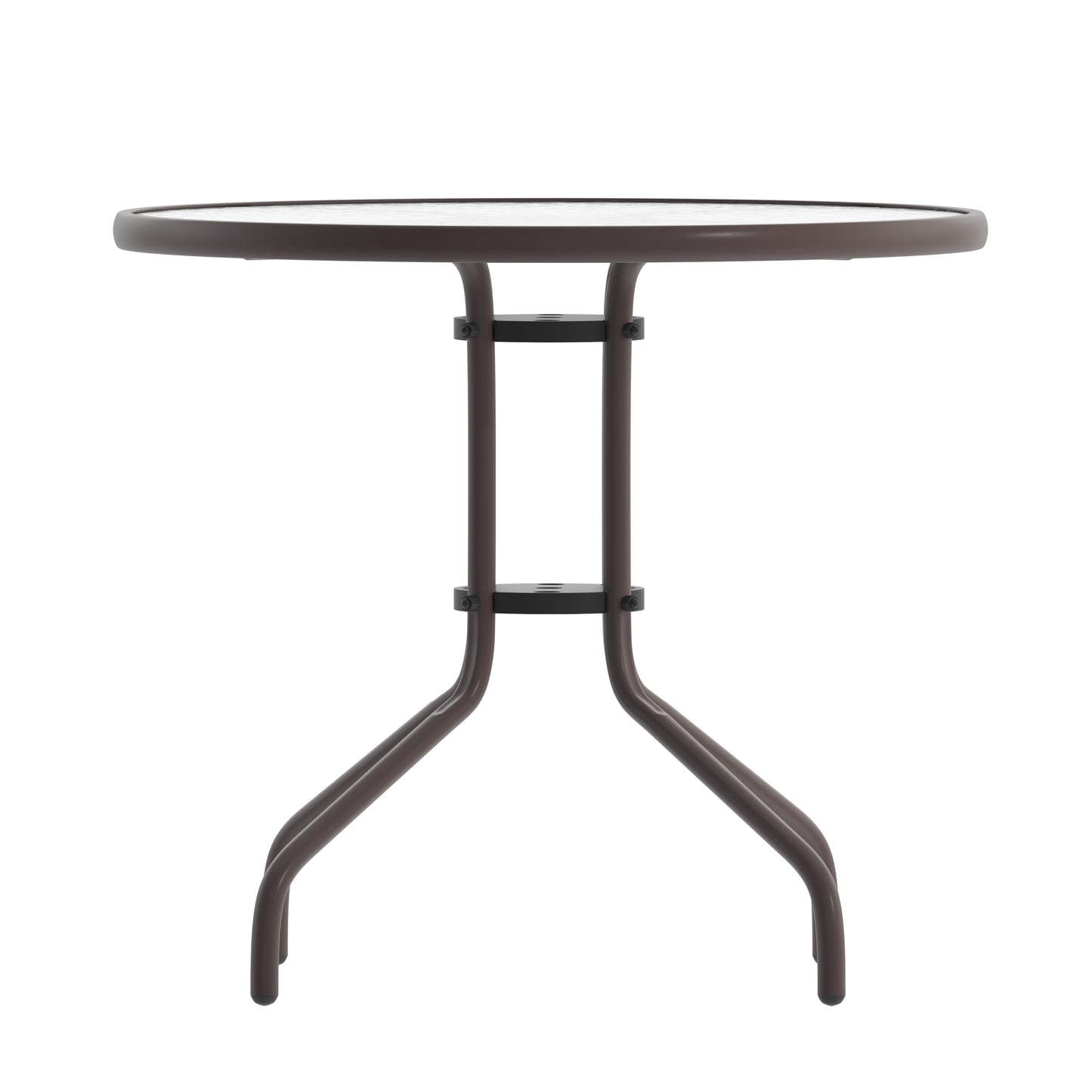 Lila 31.5'' Round Glass Top Metal Table with 4 Bronze Aluminum Slat Stack Chairs Bronze