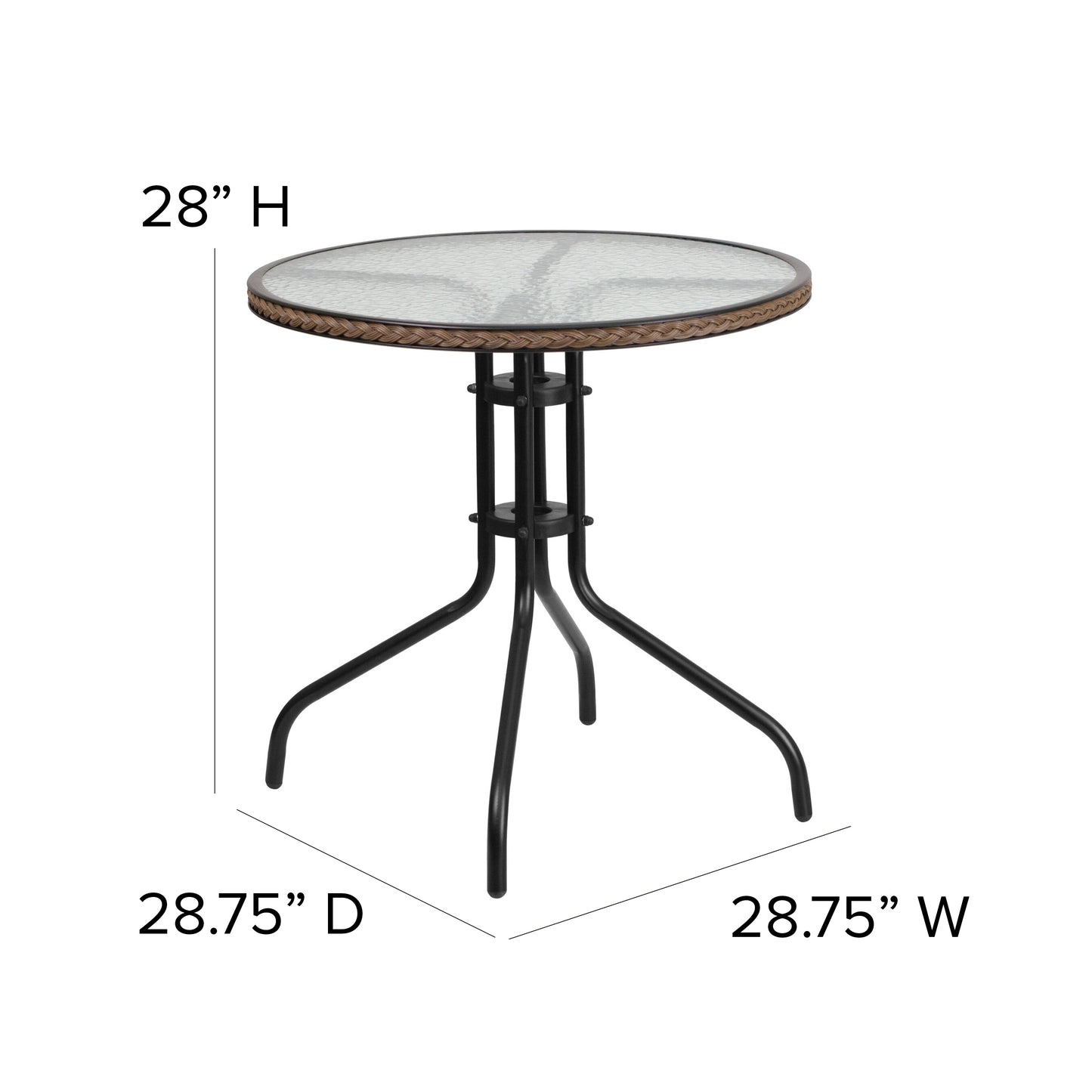 Barker 28'' Round Tempered Glass Metal Table with Dark Brown Rattan Edging Clear Top/Dark Brown Frame