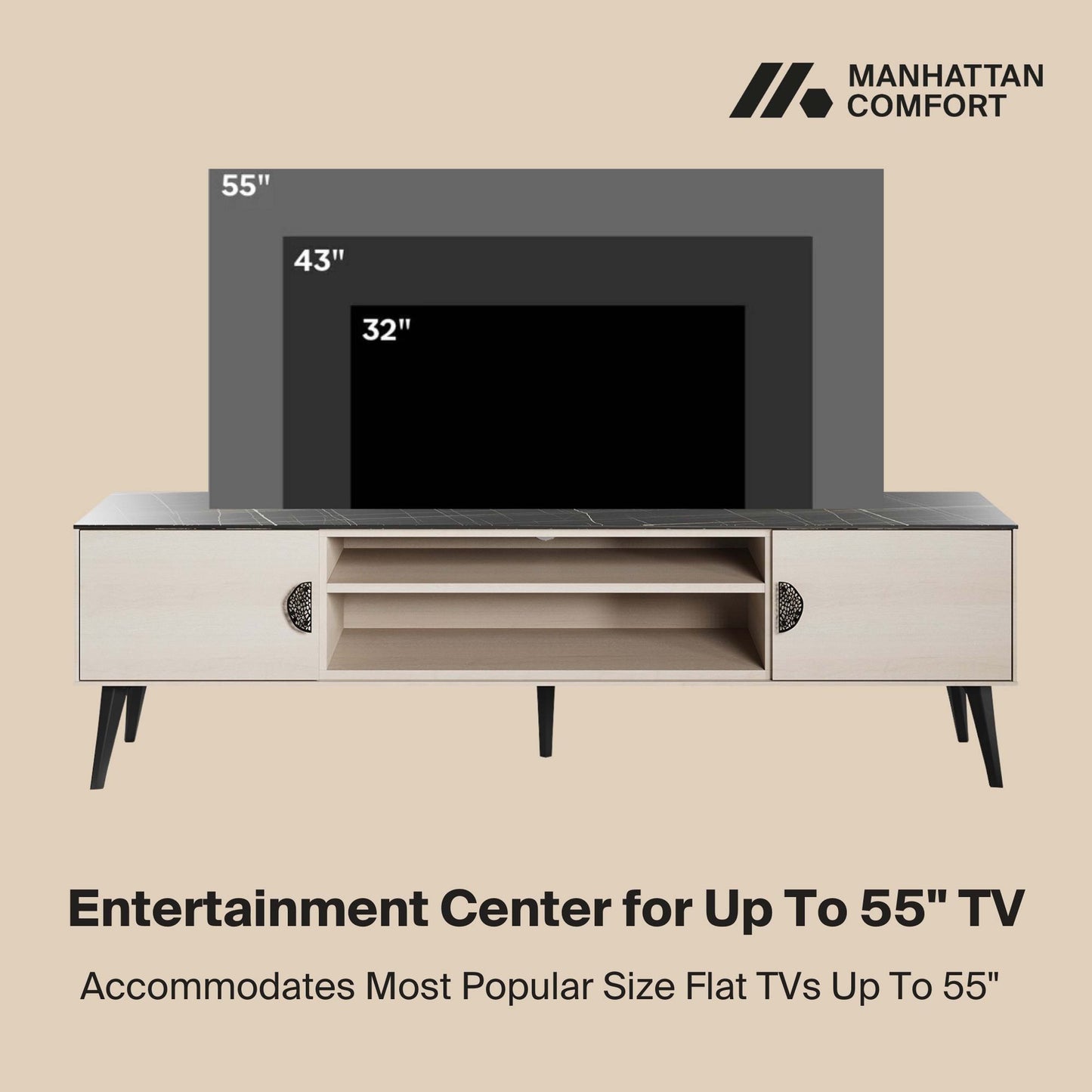 Manhattan Comfort Haley 70.9" Mid-Century Modern TV Stand in White and Black Marble TV004-WB