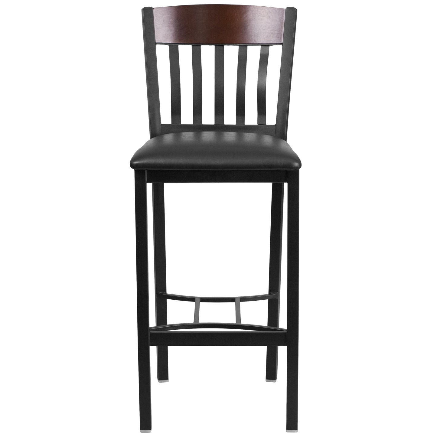 Eclipse Series Vertical Back Black Metal and Walnut Wood Restaurant Barstool with Black Vinyl Seat Walnut