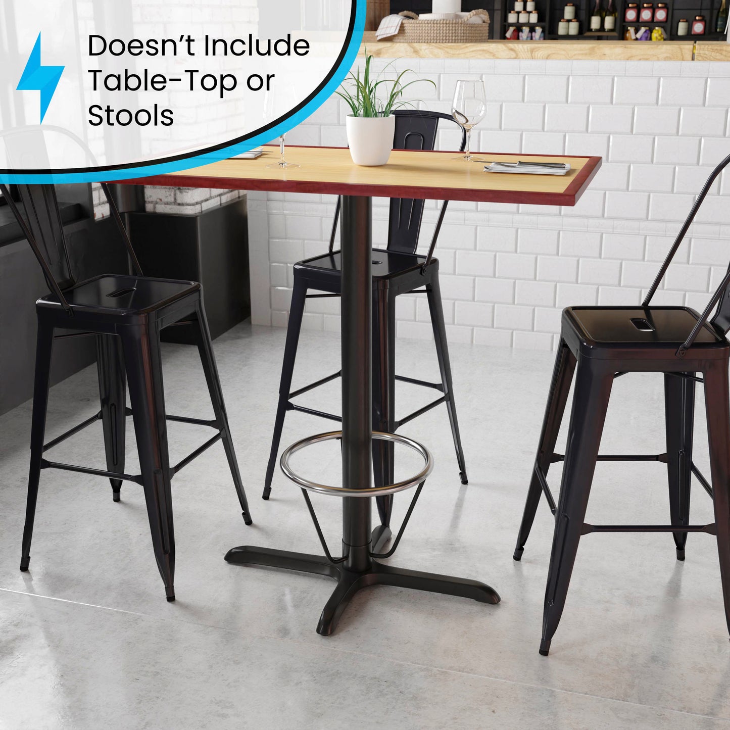 Beverly 23.5'' x 29.5'' Restaurant Table X-Base with 3'' Dia. Bar Height Column and Foot Ring Black