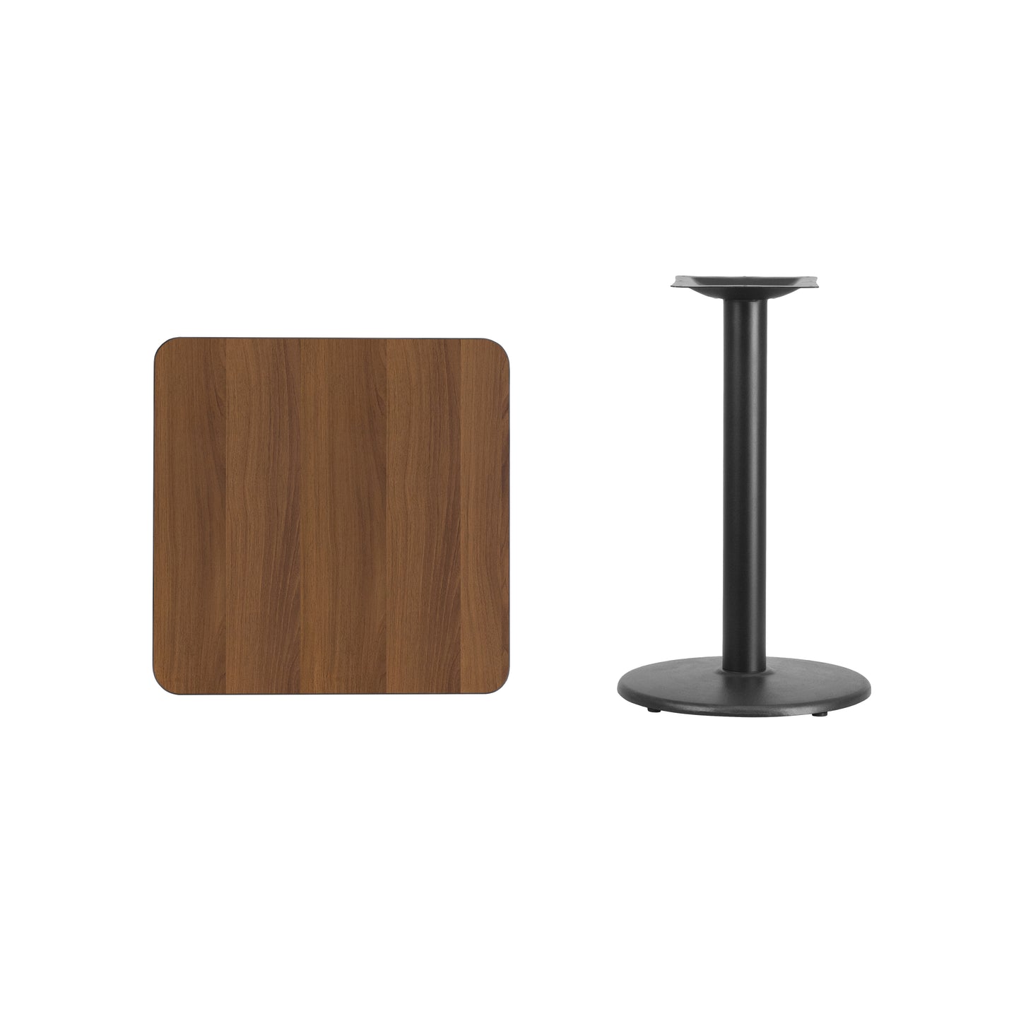 Graniss 24'' Square Walnut Laminate Table Top with 18'' Round Table Height Base Walnut