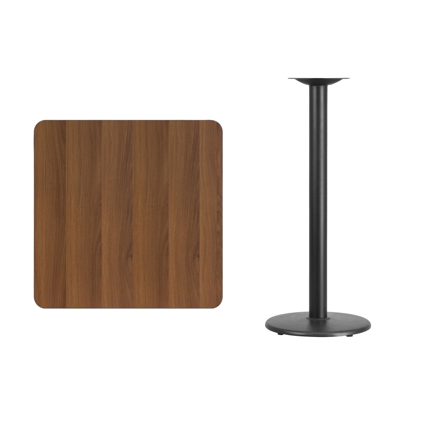 Stiles 30'' Square Walnut Laminate Table Top with 18'' Round Bar Height Table Base Walnut