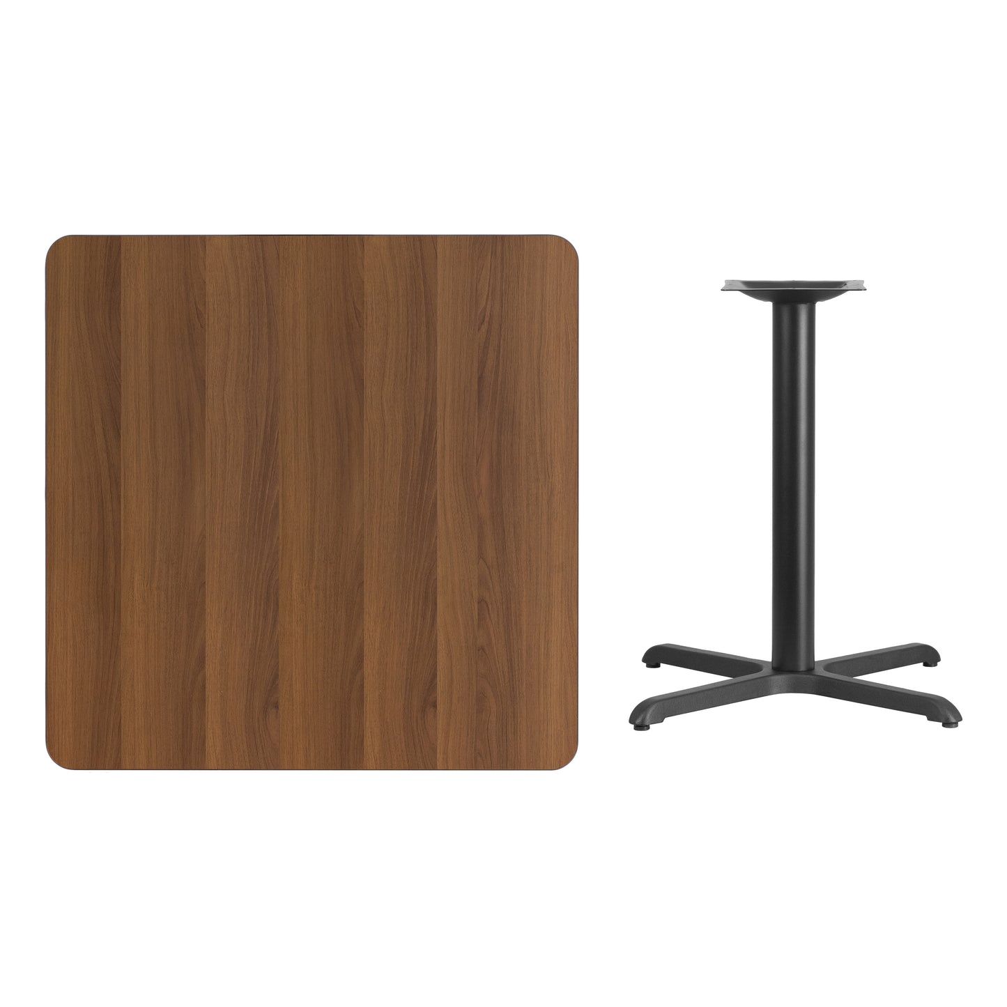 Graniss 36'' Square Walnut Laminate Table Top with 30'' x 30'' Table Height Base Walnut