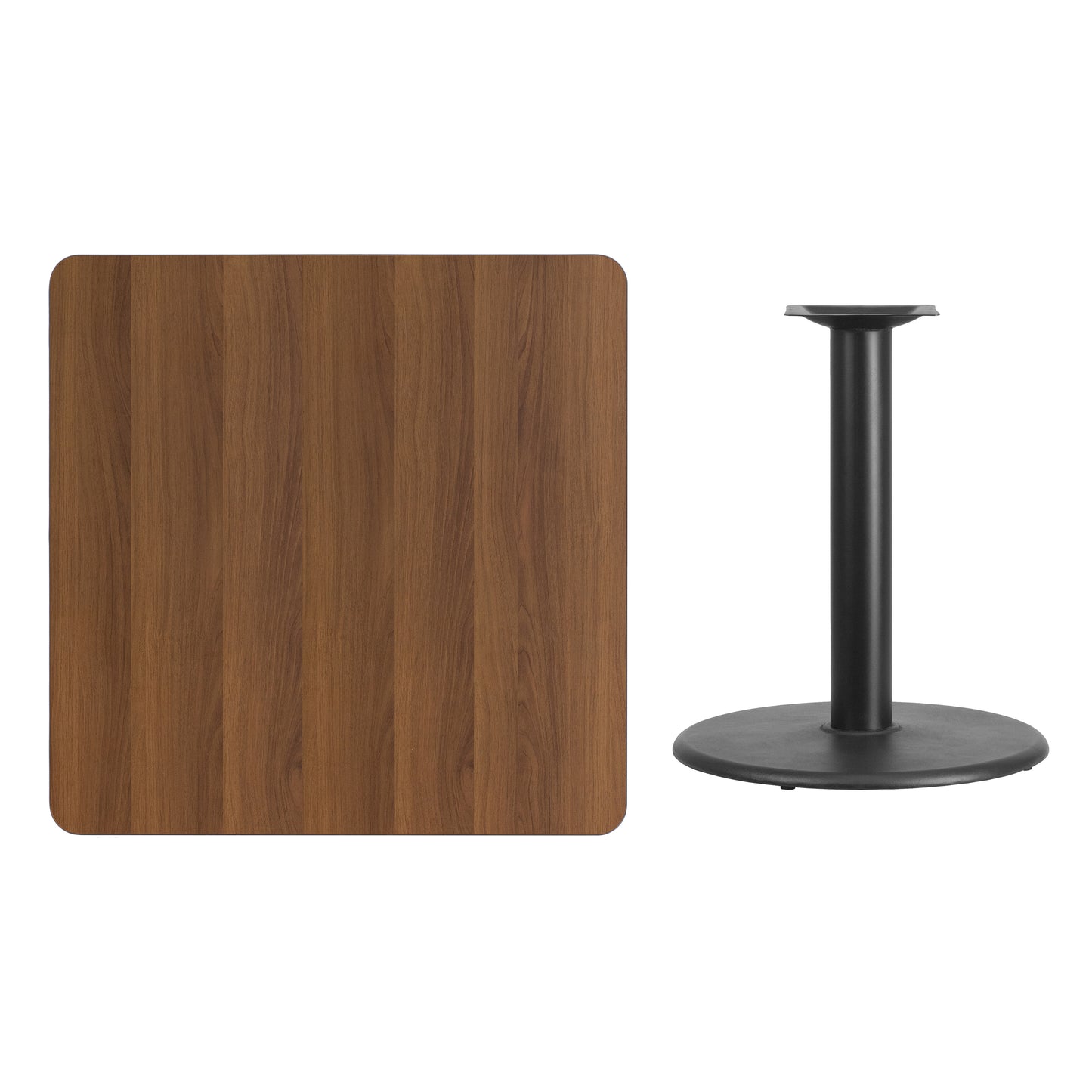 Graniss 36'' Square Walnut Laminate Table Top with 24'' Round Table Height Base Walnut