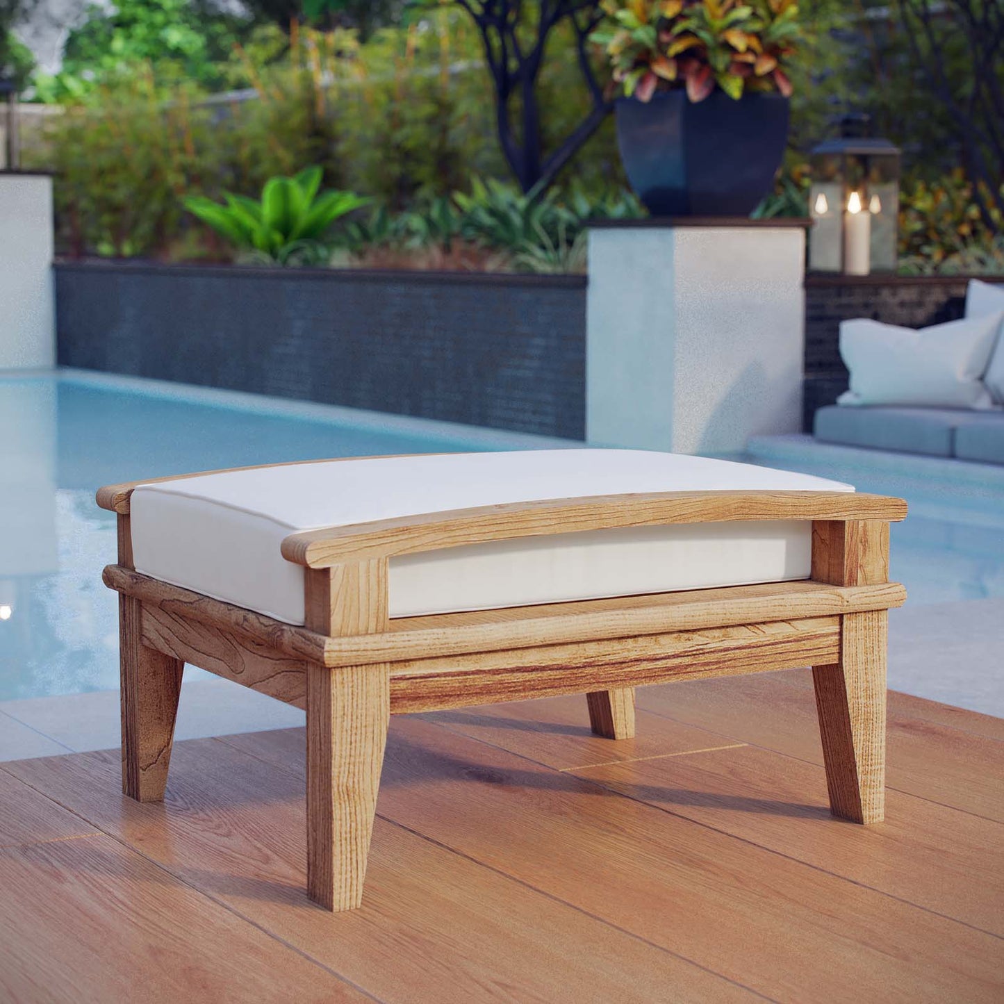 Marina Outdoor Patio Teak Ottoman Natural White EEI-1152-NAT-WHI-SET