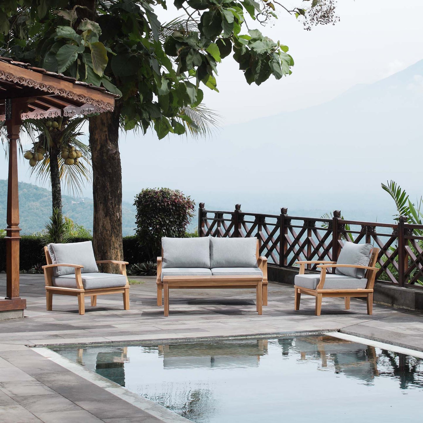 Marina 4 Piece Outdoor Patio Teak Set Natural Gray EEI-1469-NAT-GRY-SET