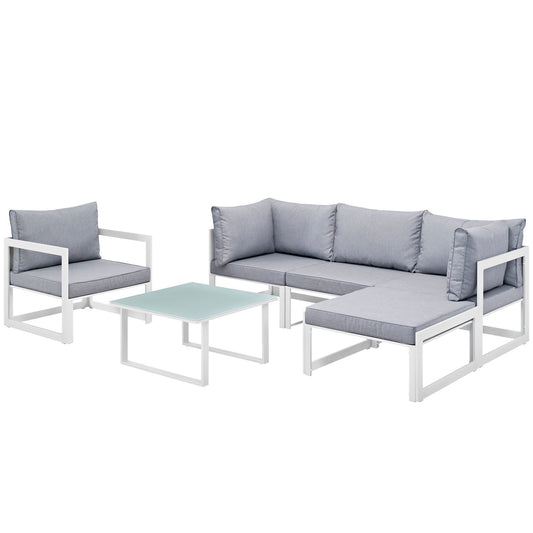 Fortuna 6 Piece Outdoor Patio Sectional Sofa Set White Gray EEI-1731-WHI-GRY-SET