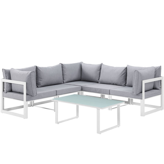 Fortuna 6 Piece Outdoor Patio Sectional Sofa Set White Gray EEI-1732-WHI-GRY-SET