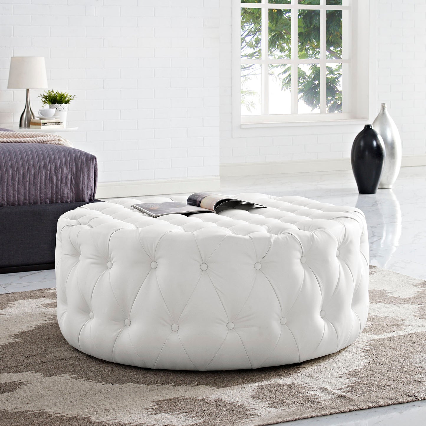 Amour Upholstered Vinyl Ottoman White EEI-2224-WHI