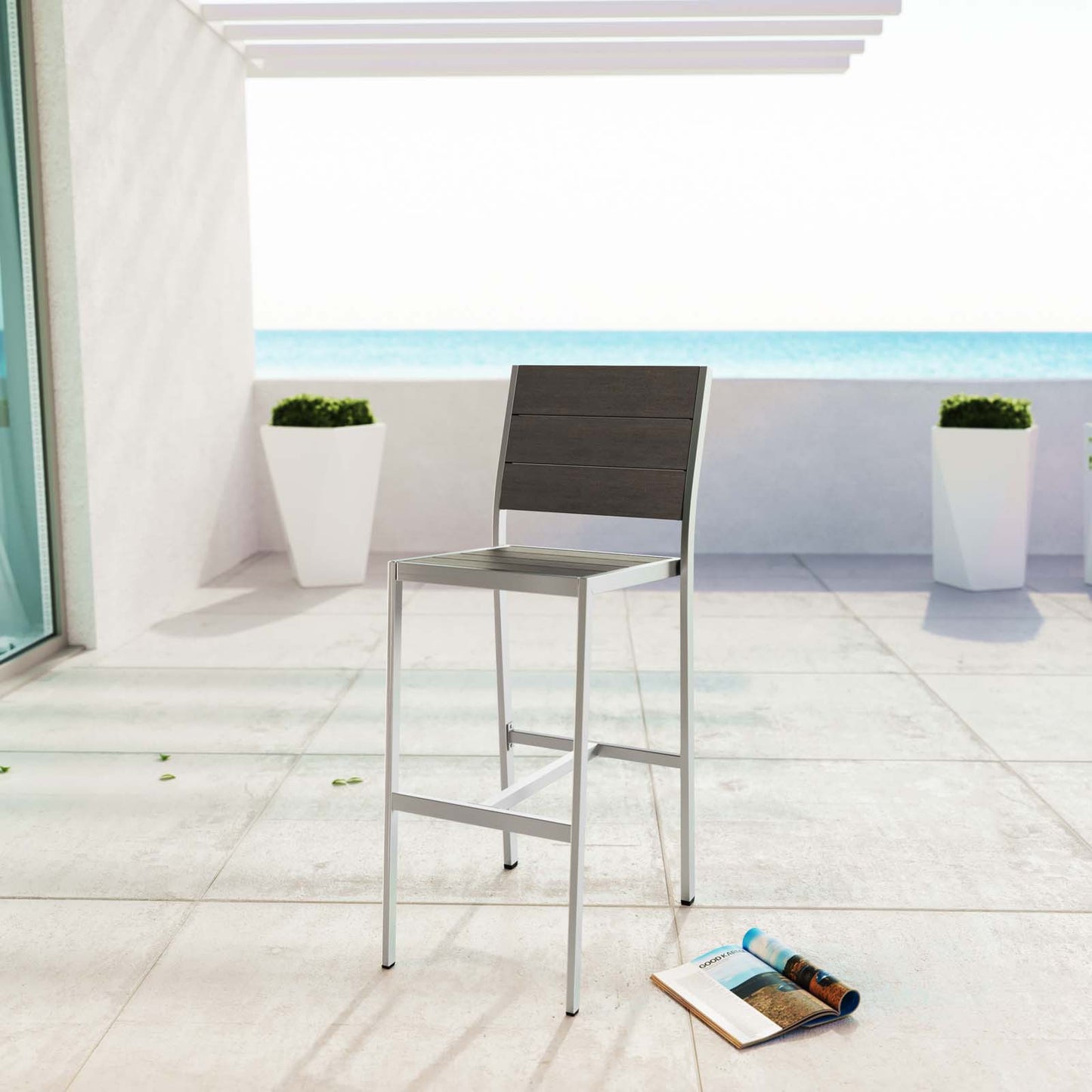 Shore Armless Bar Stool Outdoor Patio Aluminum Set of 2 Silver Gray