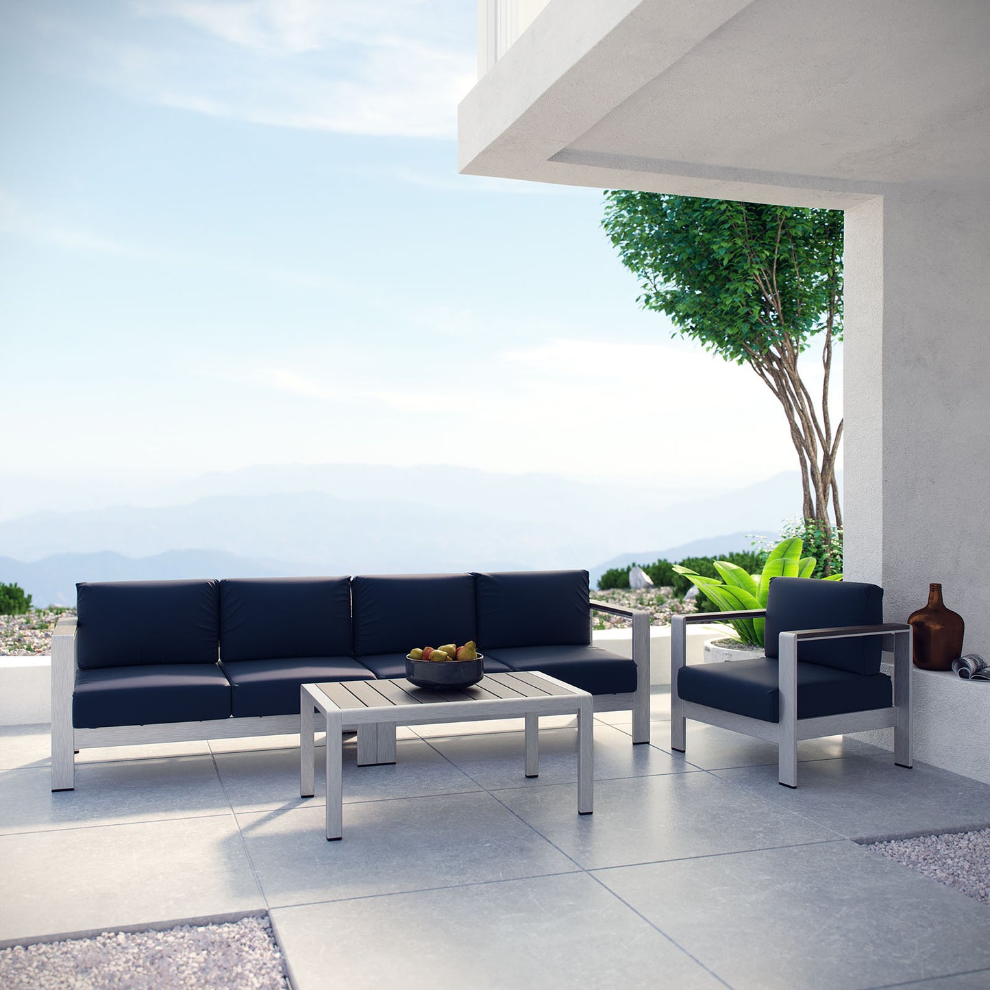 Shore 4 Piece Outdoor Patio Aluminum Sectional Sofa Set Silver Navy