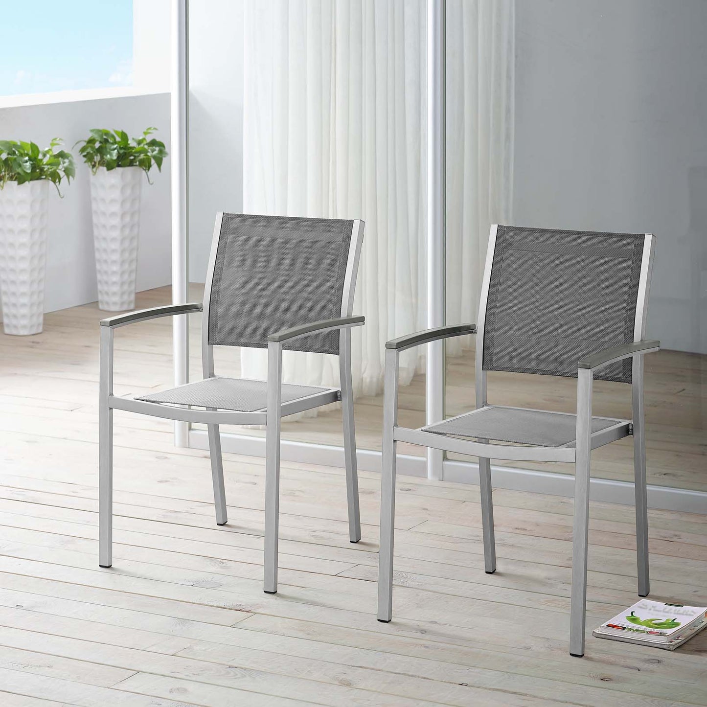 Shore Dining Chair Outdoor Patio Aluminum Set of 2 Silver Gray