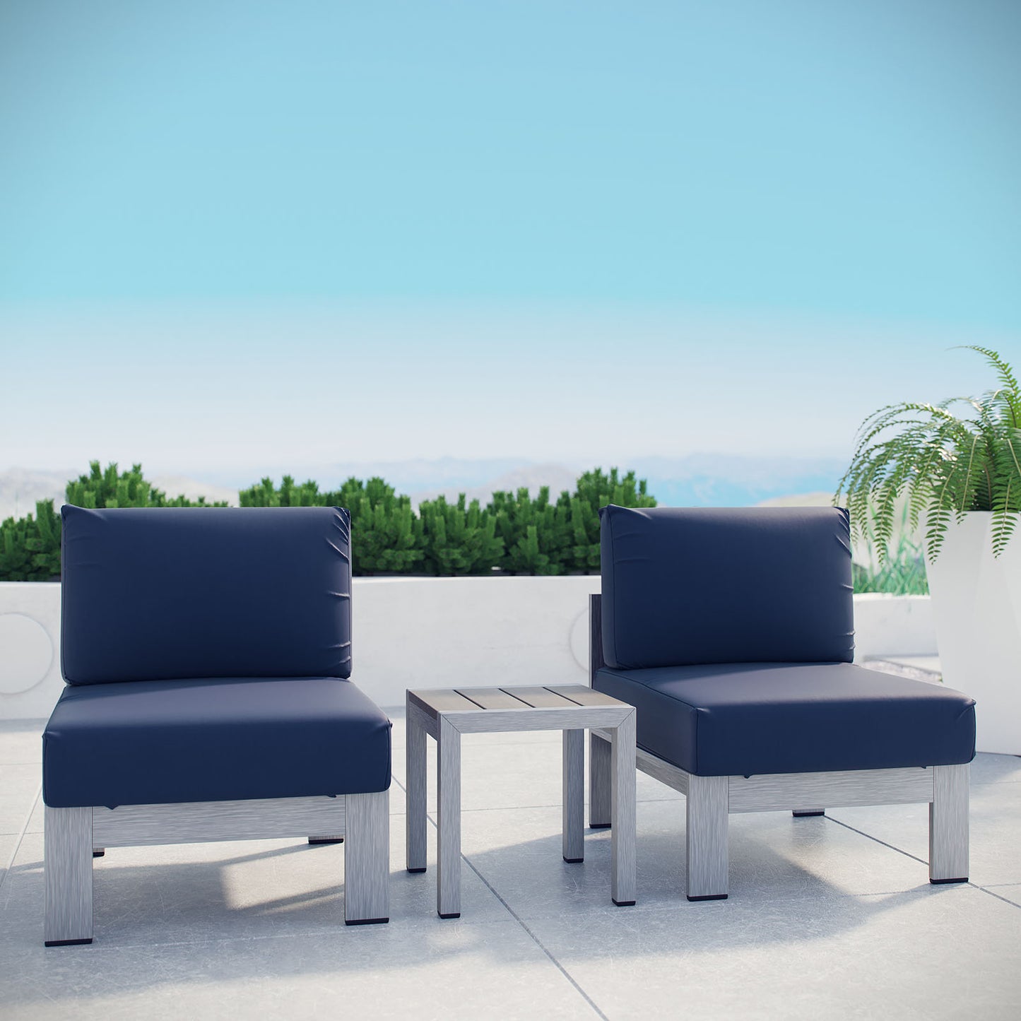 Shore 3 Piece Outdoor Patio Aluminum Sectional Sofa Set Silver Navy