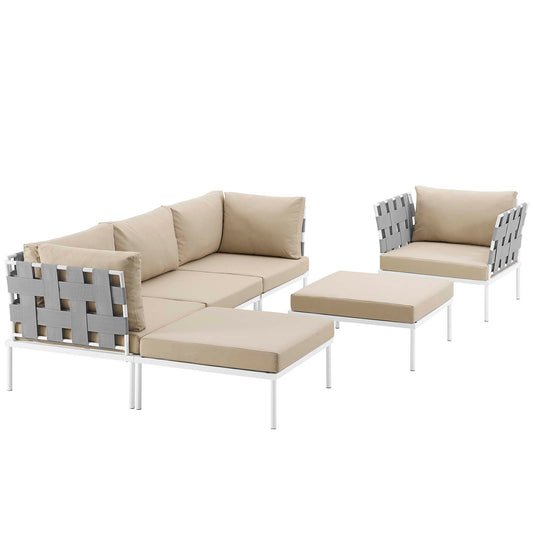 Harmony 6 Piece Outdoor Patio Aluminum Sectional Sofa Set White Beige EEI-2626-WHI-BEI-SET