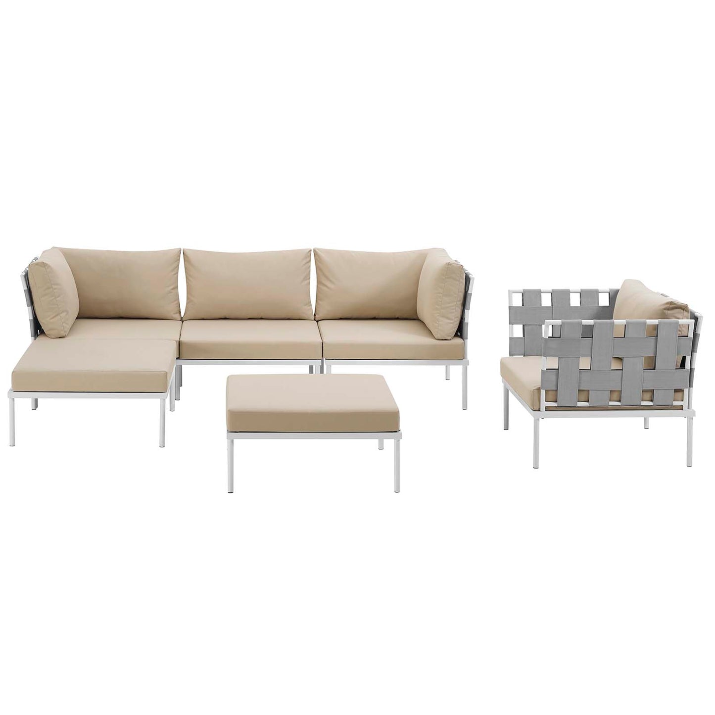Harmony 6 Piece Outdoor Patio Aluminum Sectional Sofa Set White Beige EEI-2626-WHI-BEI-SET