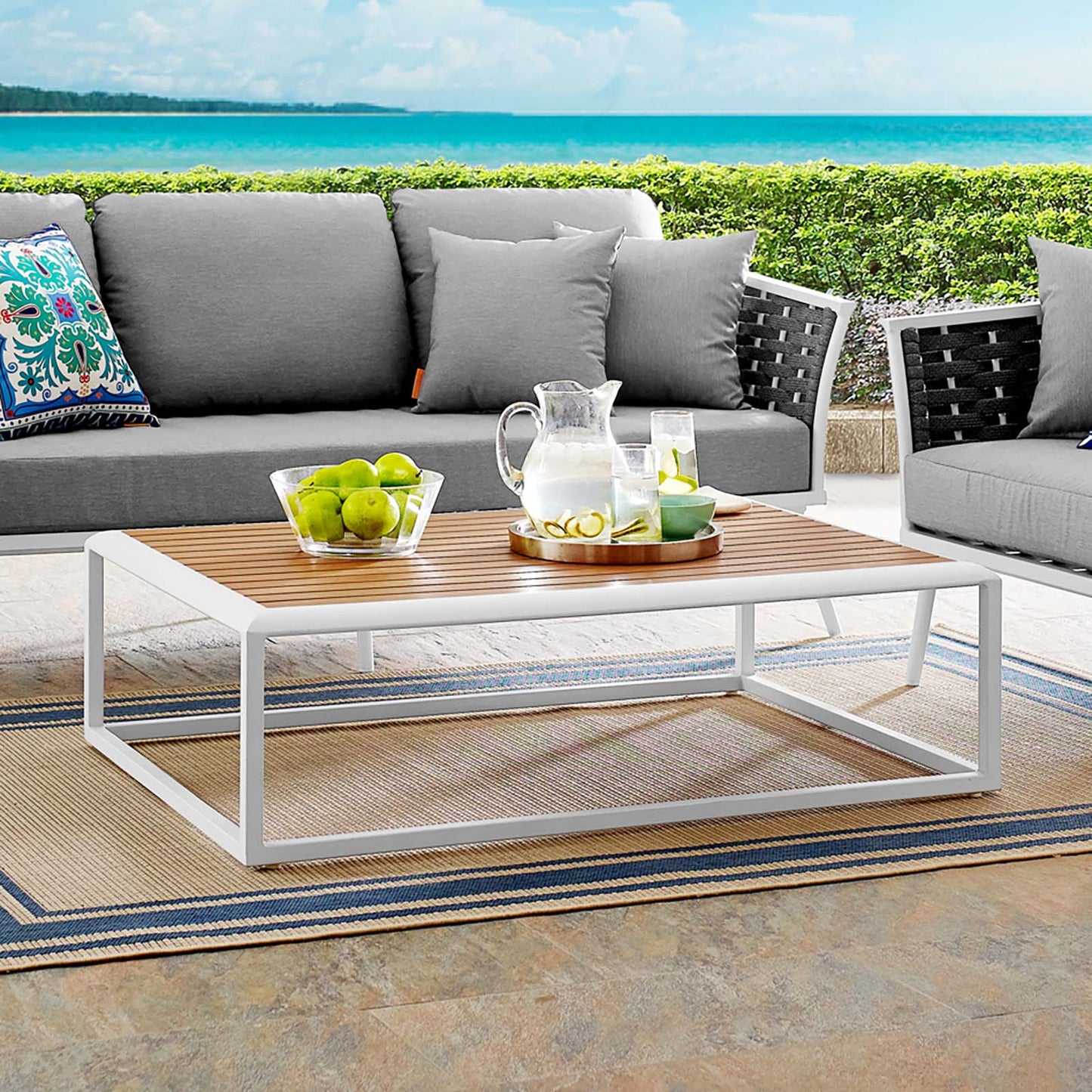 Stance Outdoor Patio Aluminum Coffee Table White Natural EEI-3021-WHI-NAT