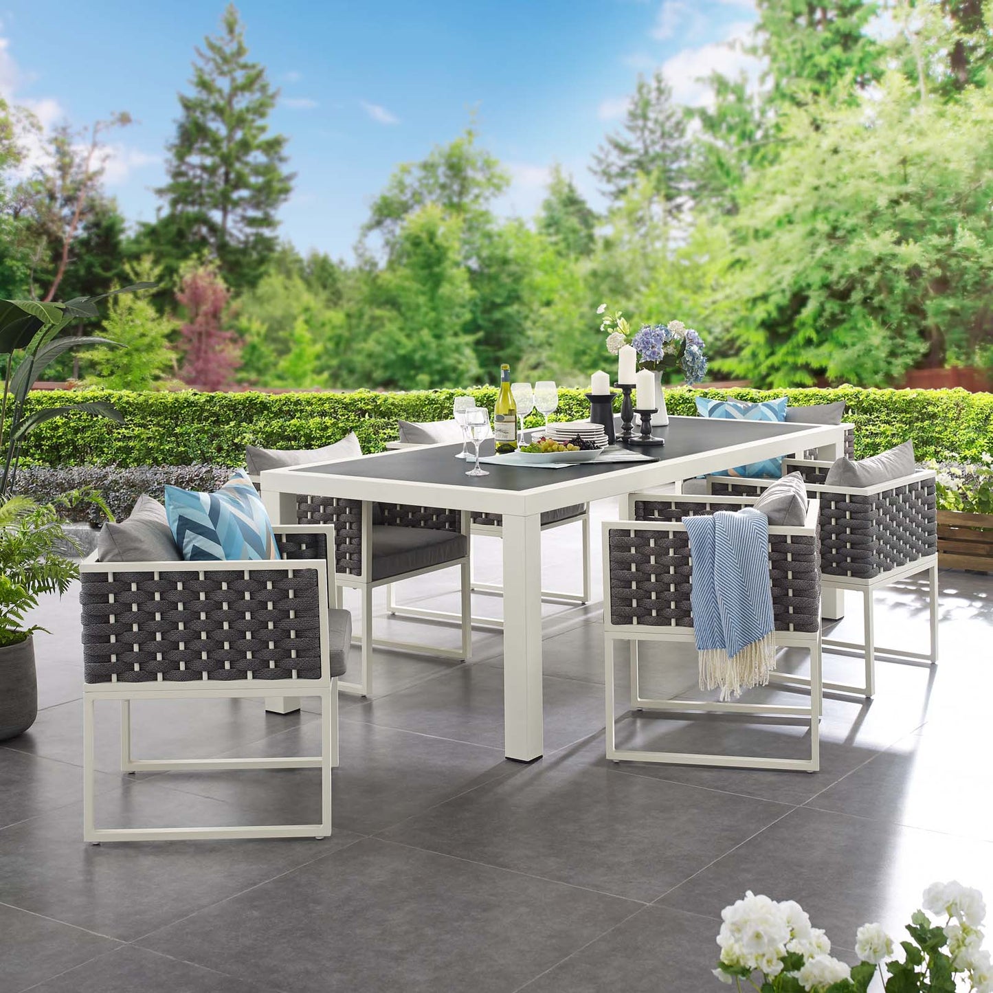 Stance 7 Piece Outdoor Patio Aluminum Dining Set White Gray