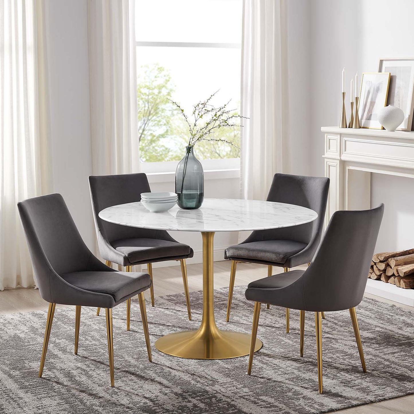 Lippa 48" Round Artificial Marble Dining Table Gold White