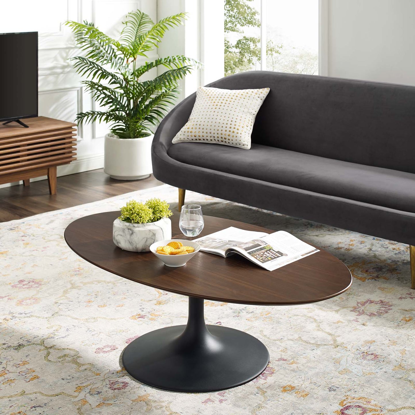 Lippa 48" Oval-Shaped Walnut Coffee Table Black Walnut