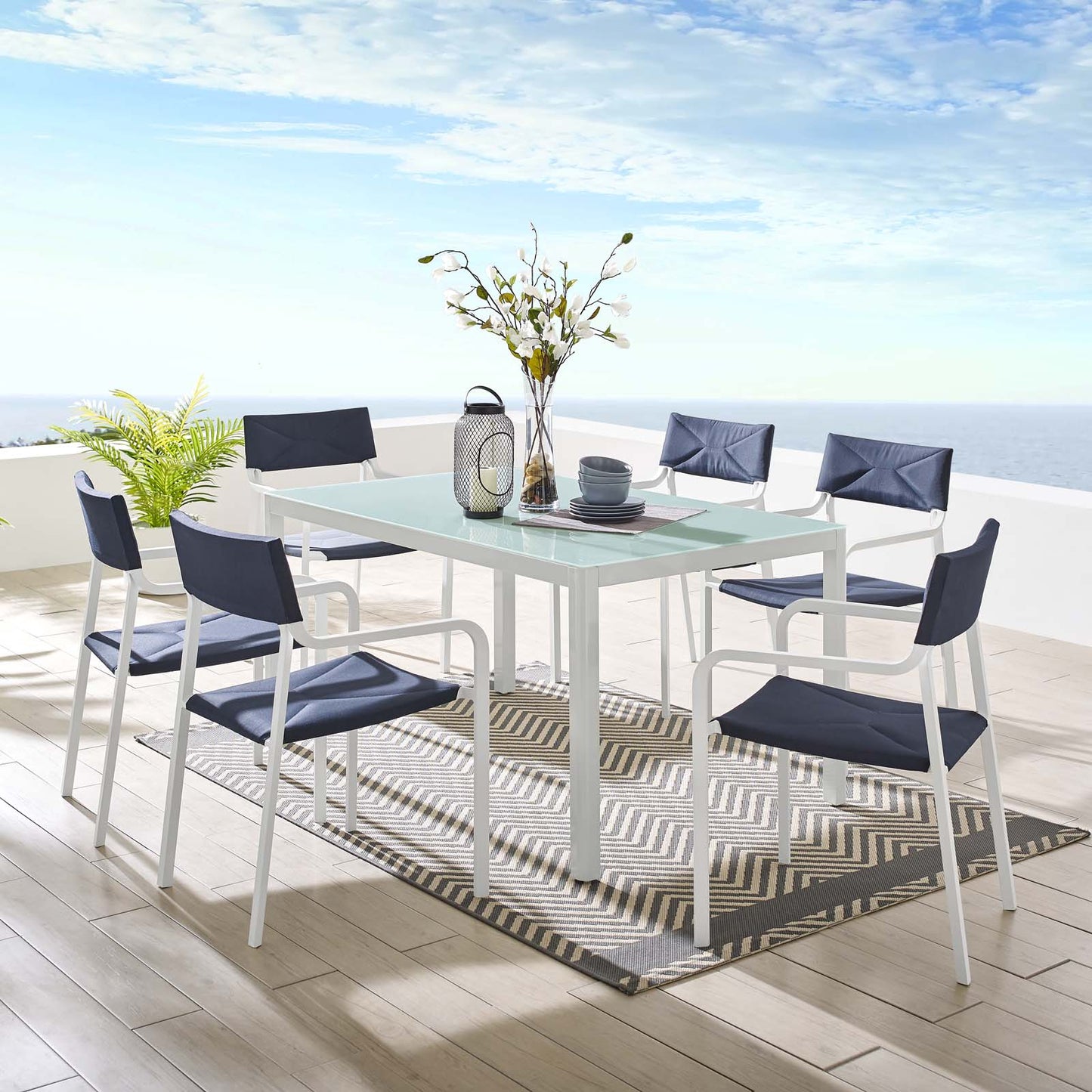 Raleigh 7 Piece Outdoor Patio Aluminum Dining Set White Navy