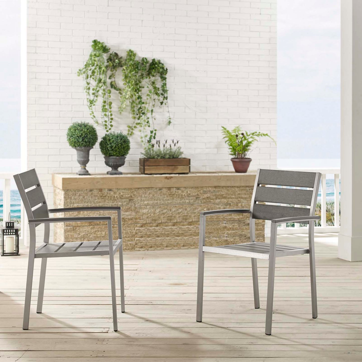 Shore Outdoor Patio Aluminum Dining Armchair Set of 2 Silver Gray
