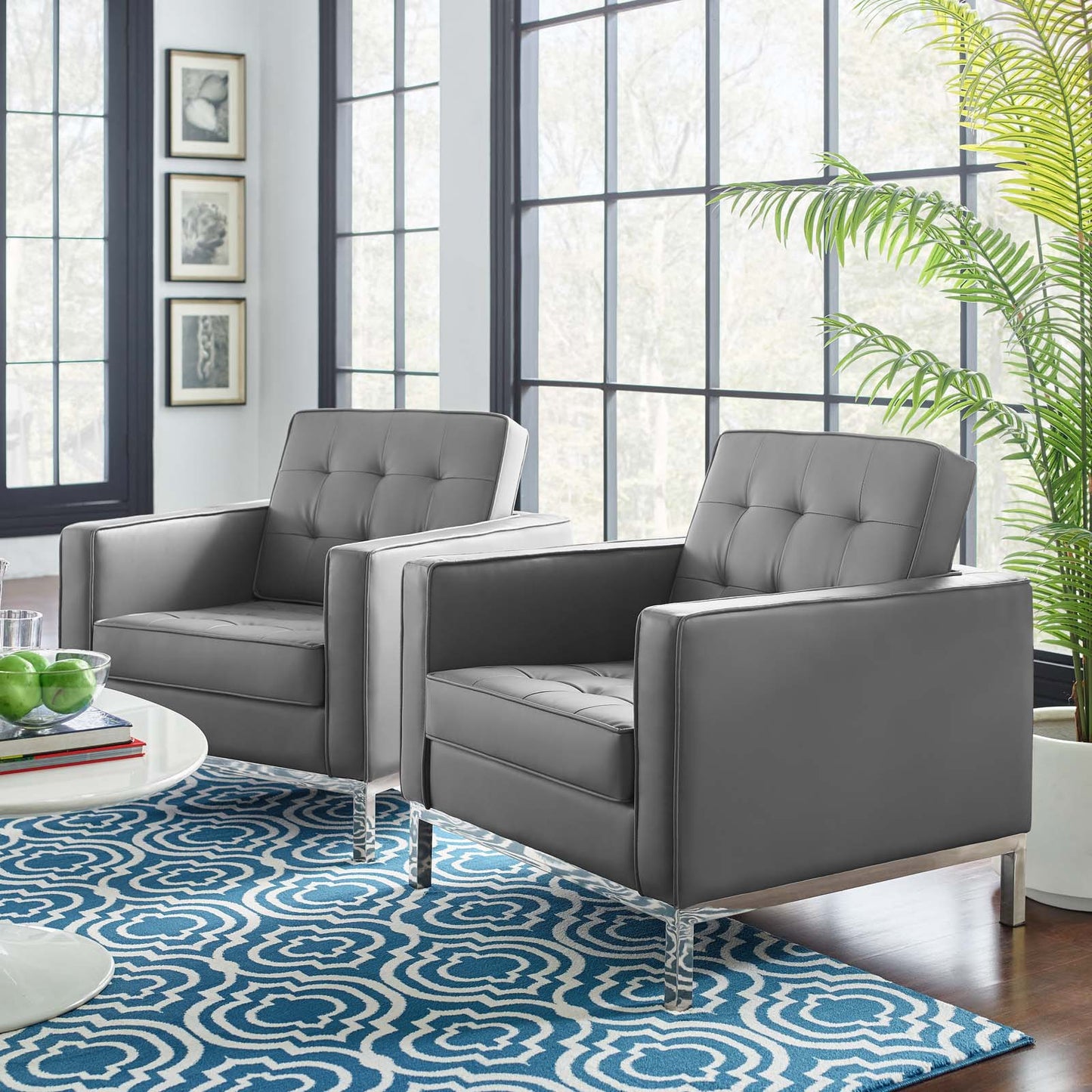 Loft Tufted Vegan Leather Armchair and Armchairs - Set of 2 Silver