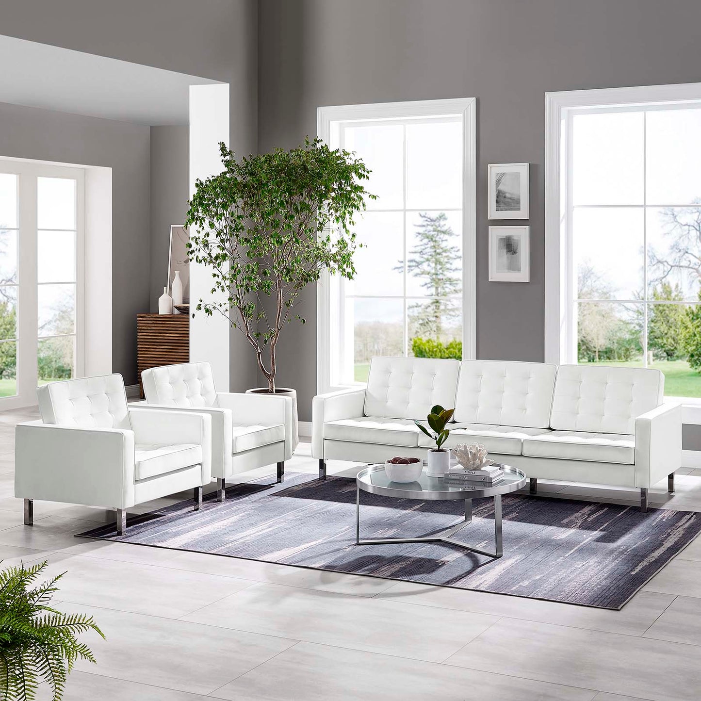 Loft Tufted Vegan Leather 3-Piece Furniture Set Silver White EEI-4105-SLV-WHI-SET