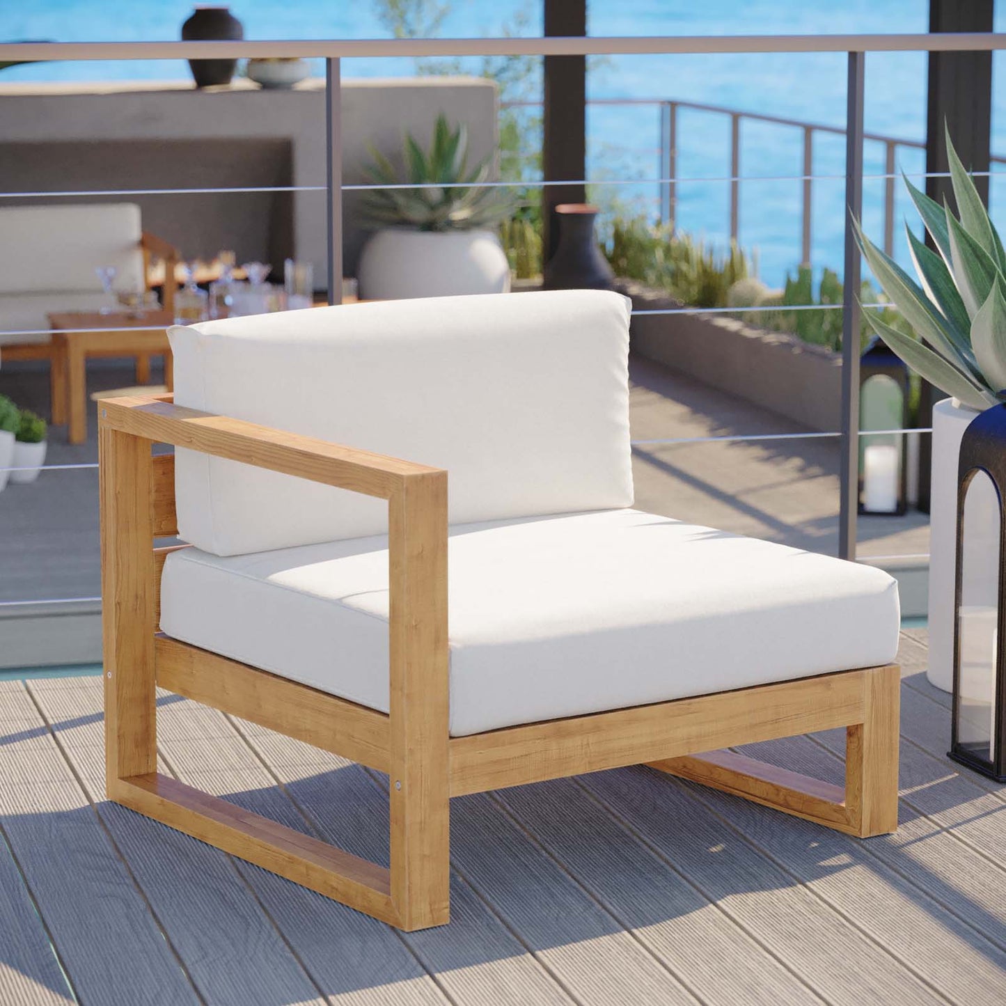 Upland Outdoor Patio Teak Wood Left-Arm Chair Natural White