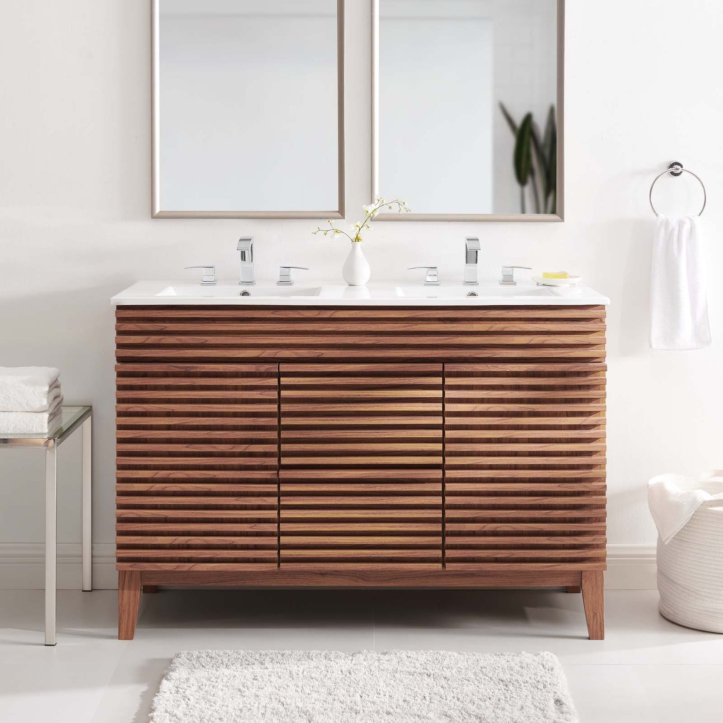 Render 48" Double Sink Bathroom Vanity Walnut White