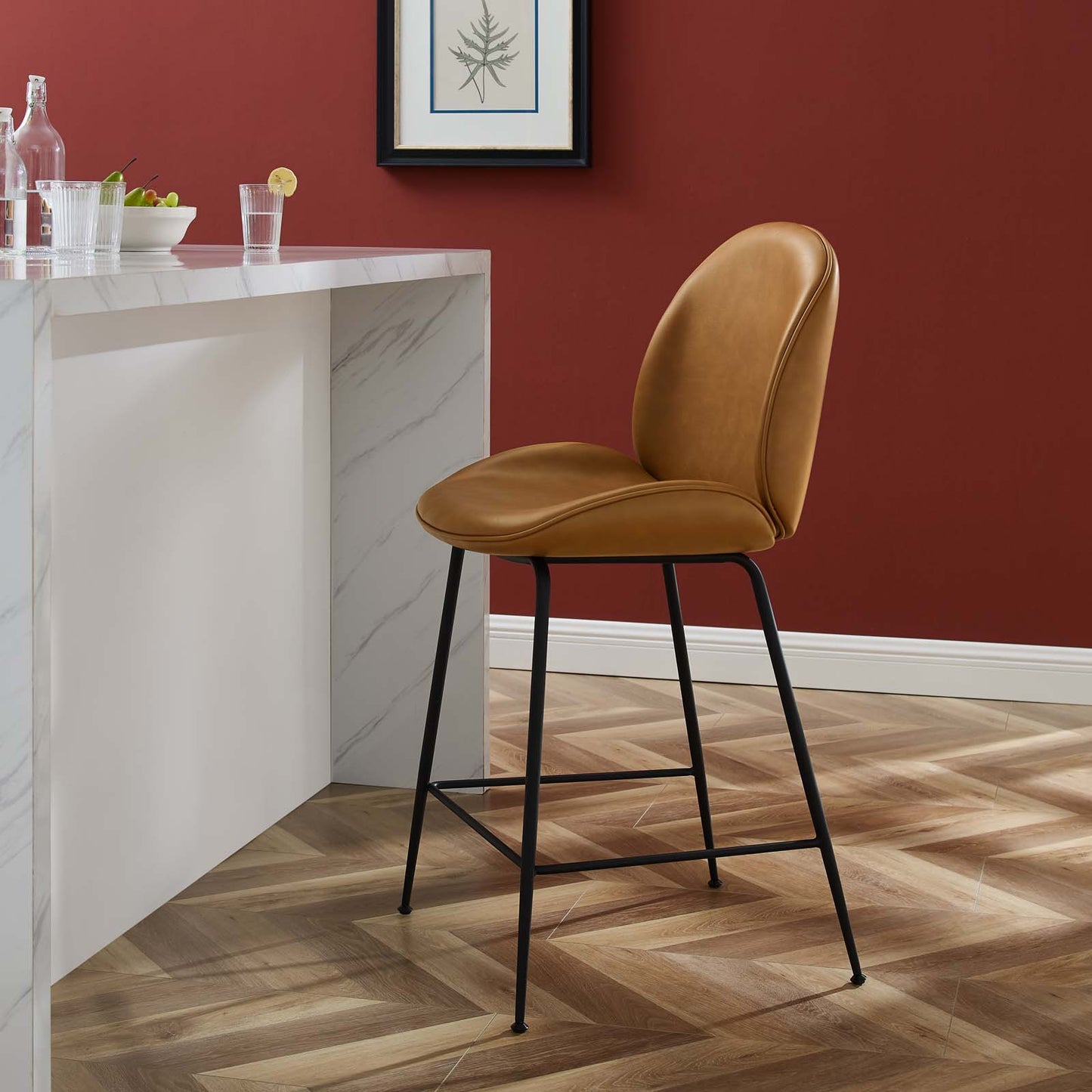 Scoop Black Powder Coated Steel Leg Vegan Leather Counter Stool Tan