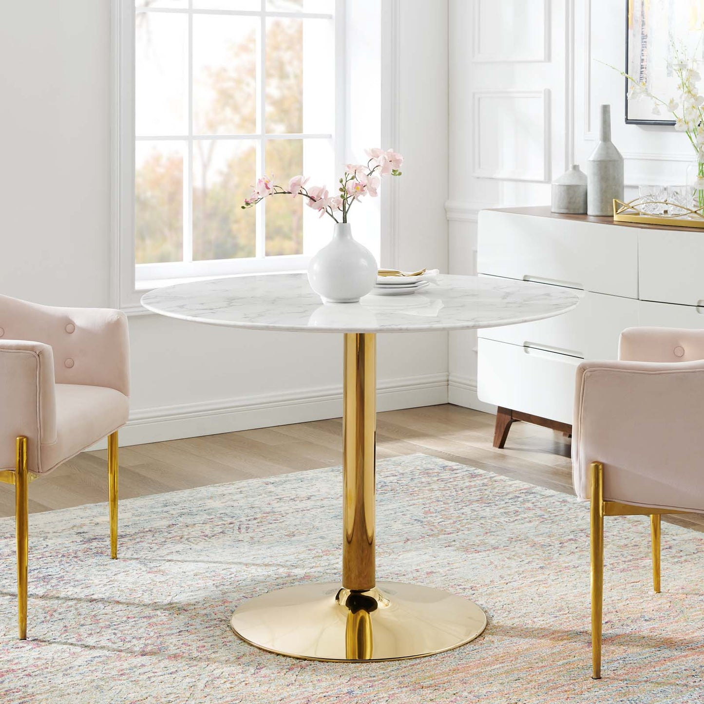 Verne 40" Artificial Marble Dining Table Gold White