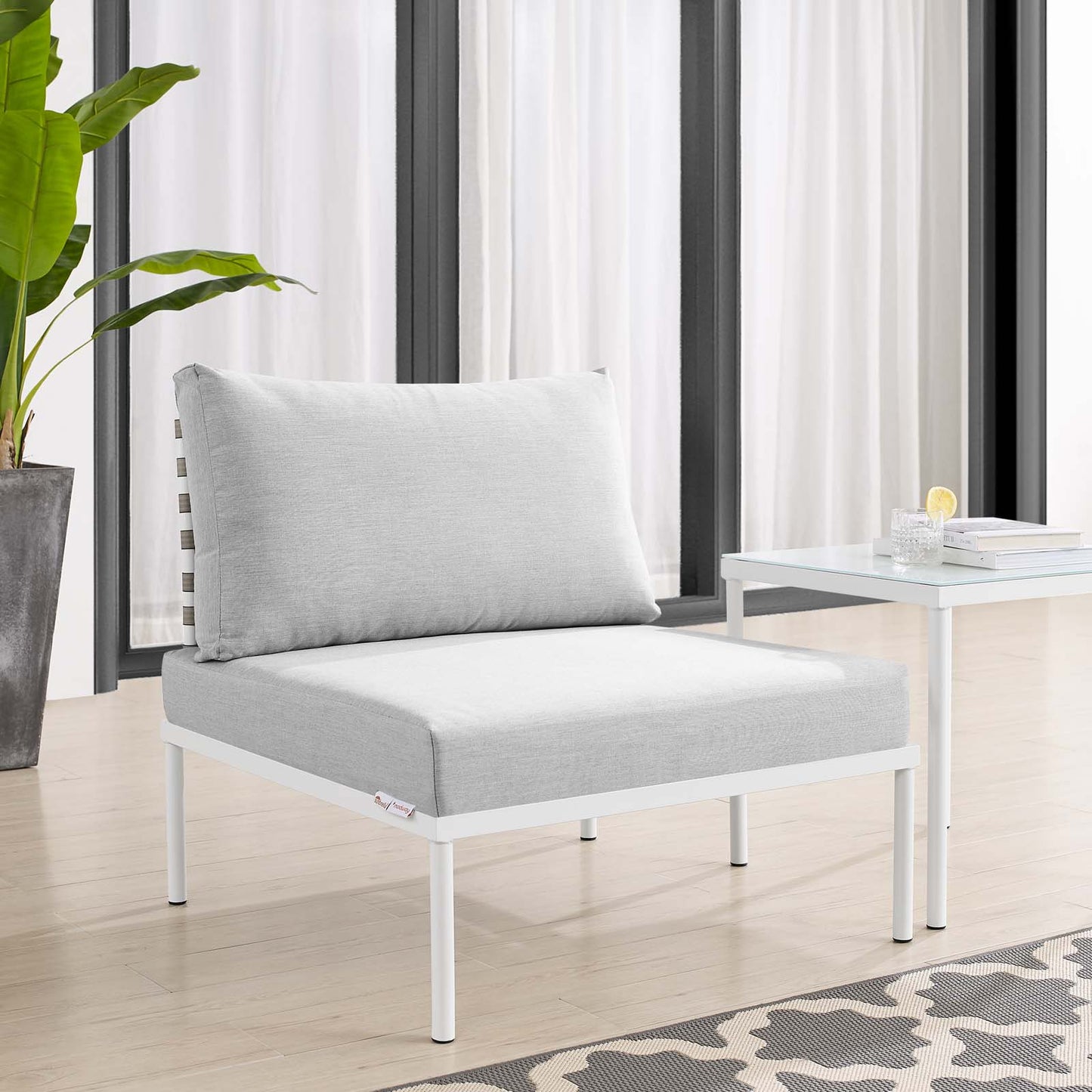 Harmony Sunbrella® Basket Weave Outdoor Patio Aluminum Armless Chair Tan Gray
