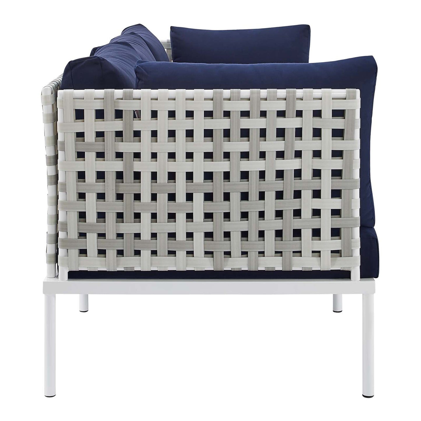 Harmony Sunbrella® Basket Weave Outdoor Patio Aluminum Sofa Taupe Navy EEI-4965-TAU-NAV