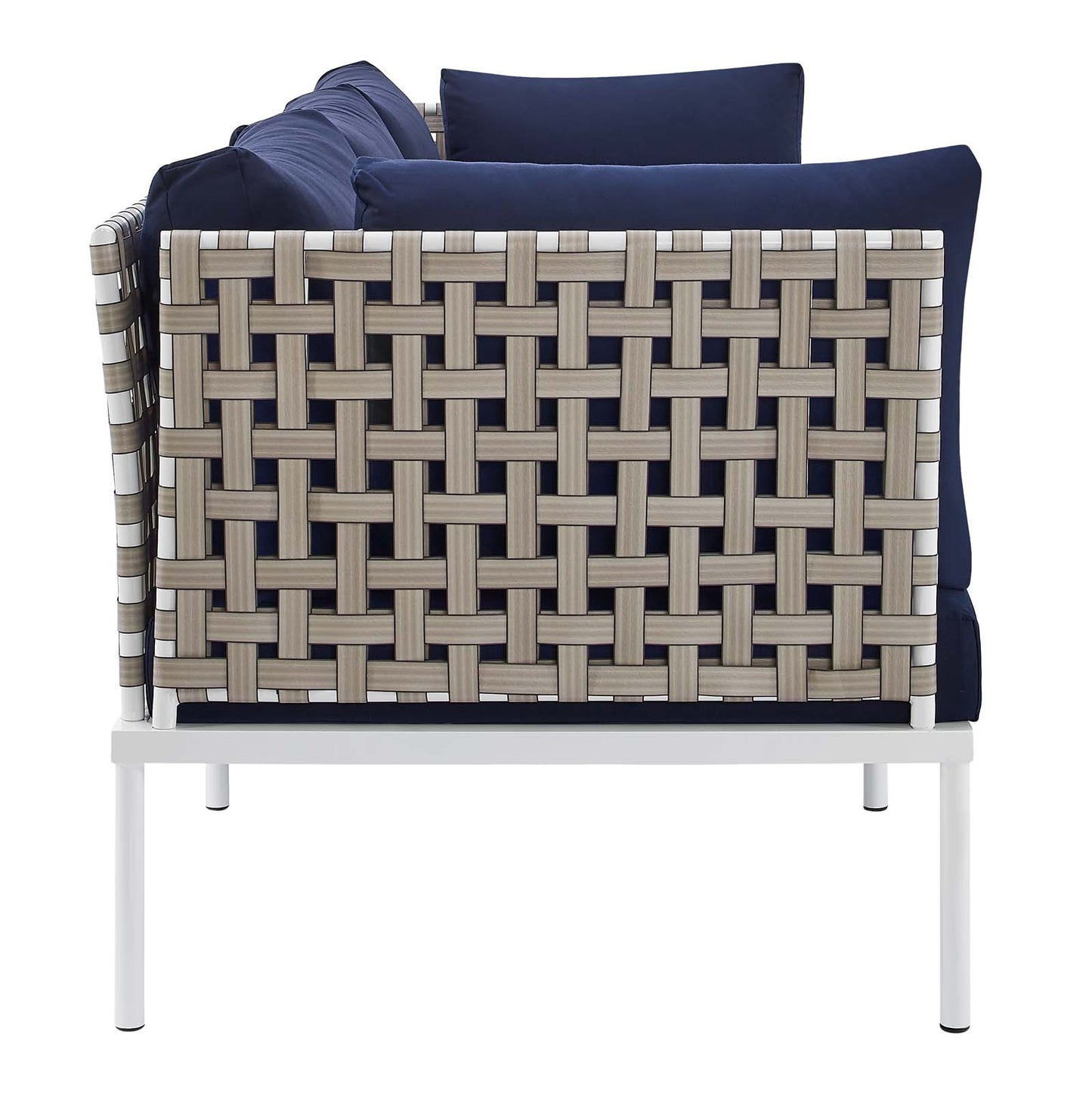 Harmony Sunbrella® Basket Weave Outdoor Patio Aluminum Sofa Tan Navy EEI-4966-TAN-NAV