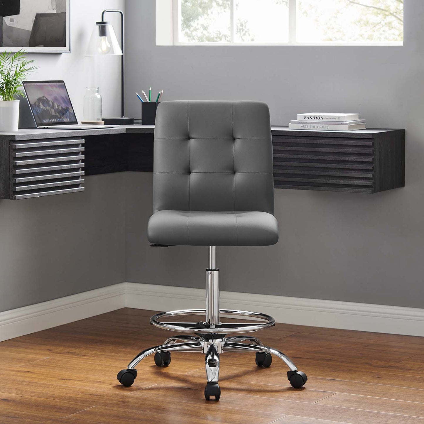 Prim Armless Vegan Leather Drafting Chair Silver Gray EEI-4981-SLV-GRY