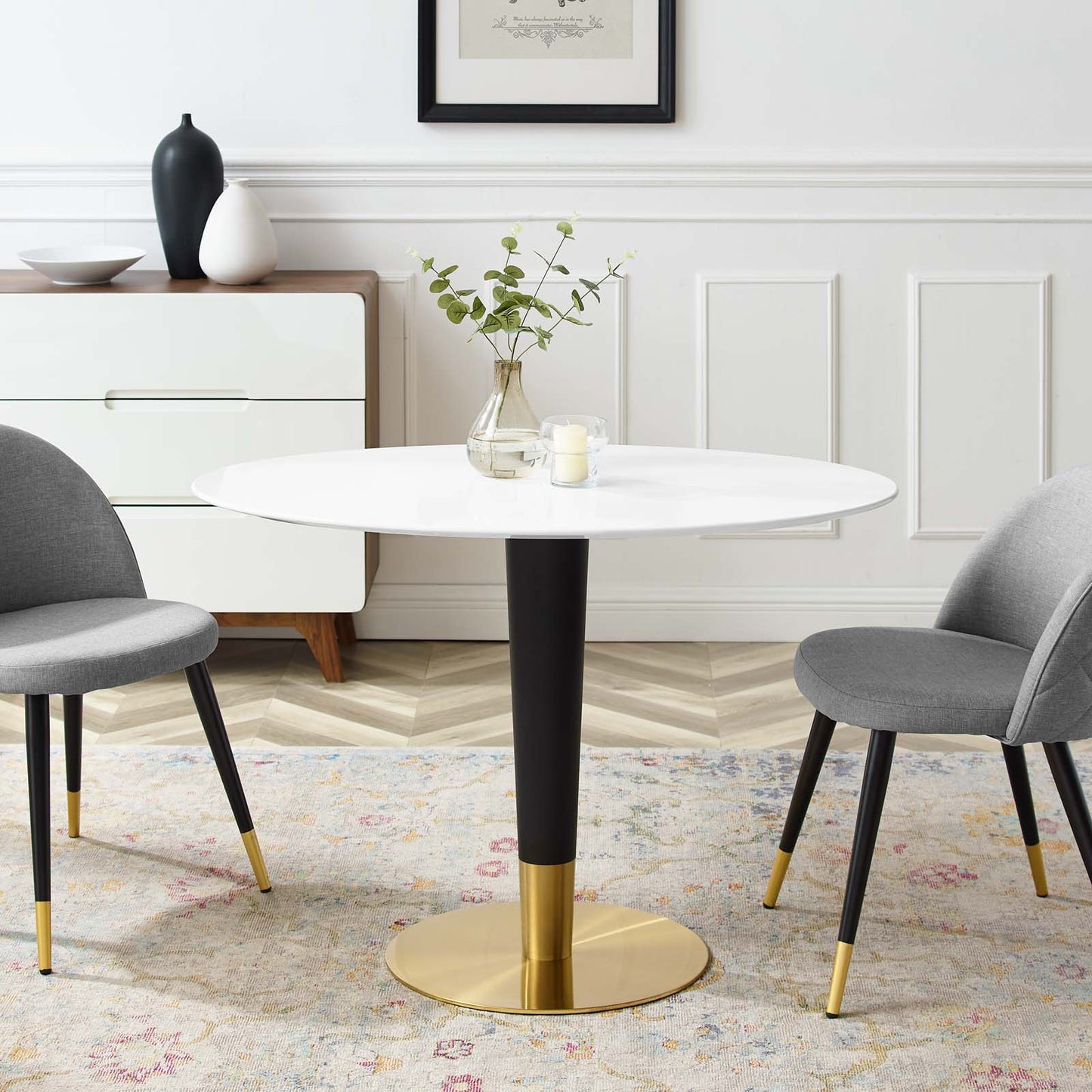 Zinque Dining Table Collection Gold Finish with Marble and Walnut Options