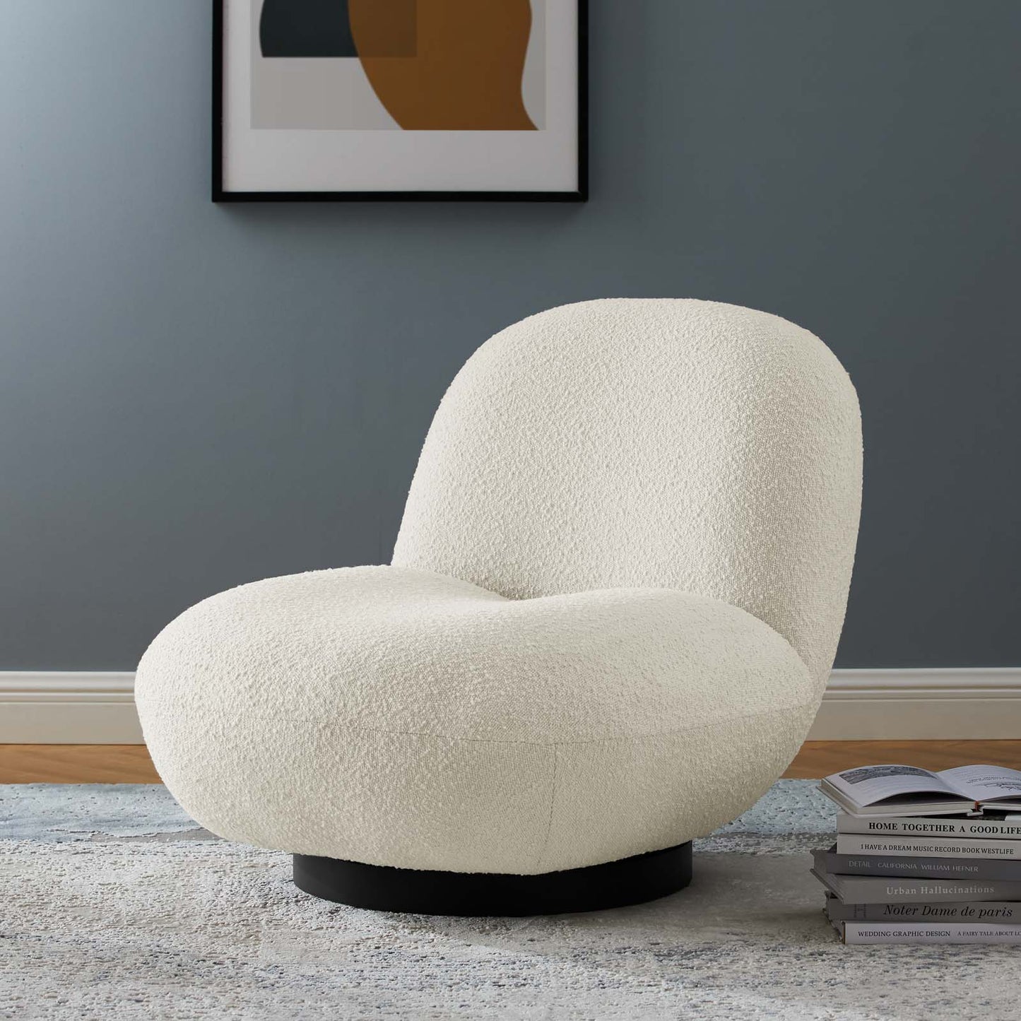 Kindred Boucle Upholstered Upholstered Fabric Swivel Chair Black Ivory