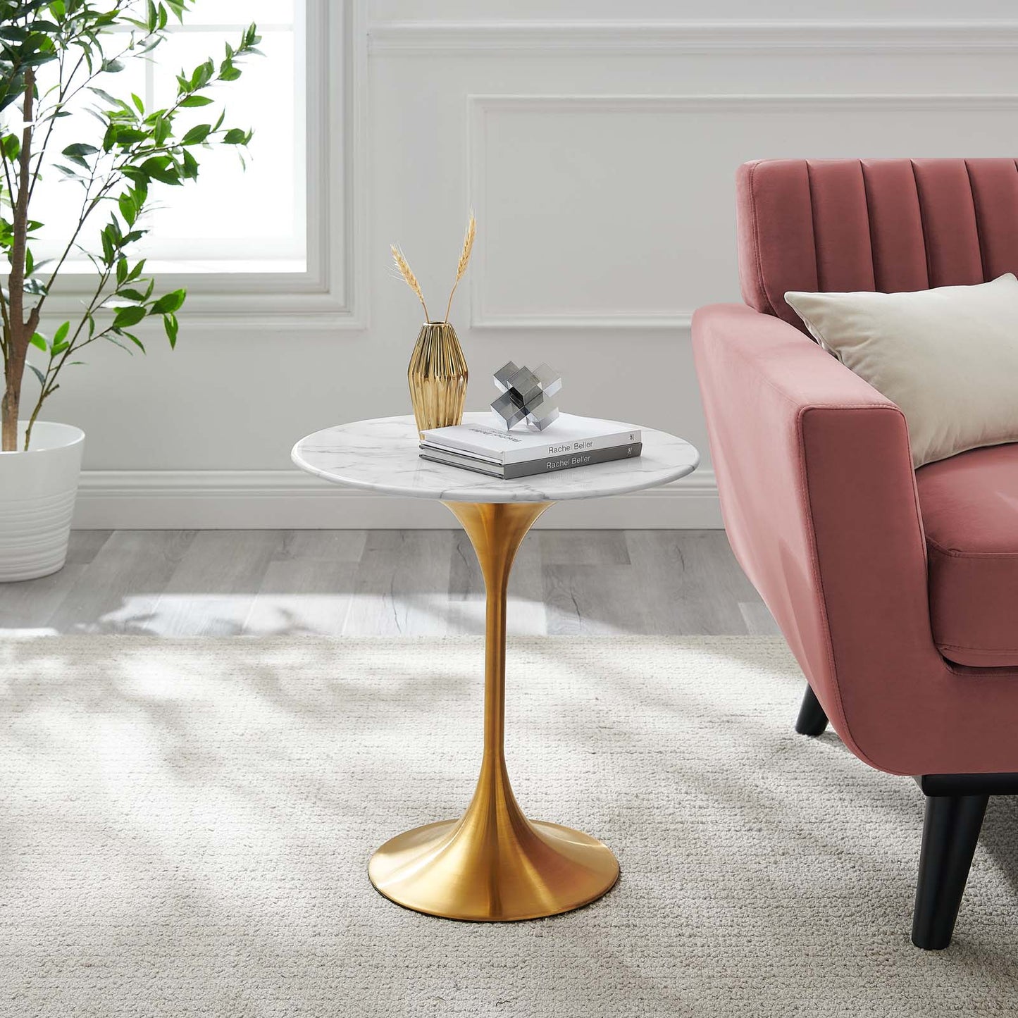 Lippa 20" Round Artificial Marble Side Table Gold White EEI-5685-GLD-WHI