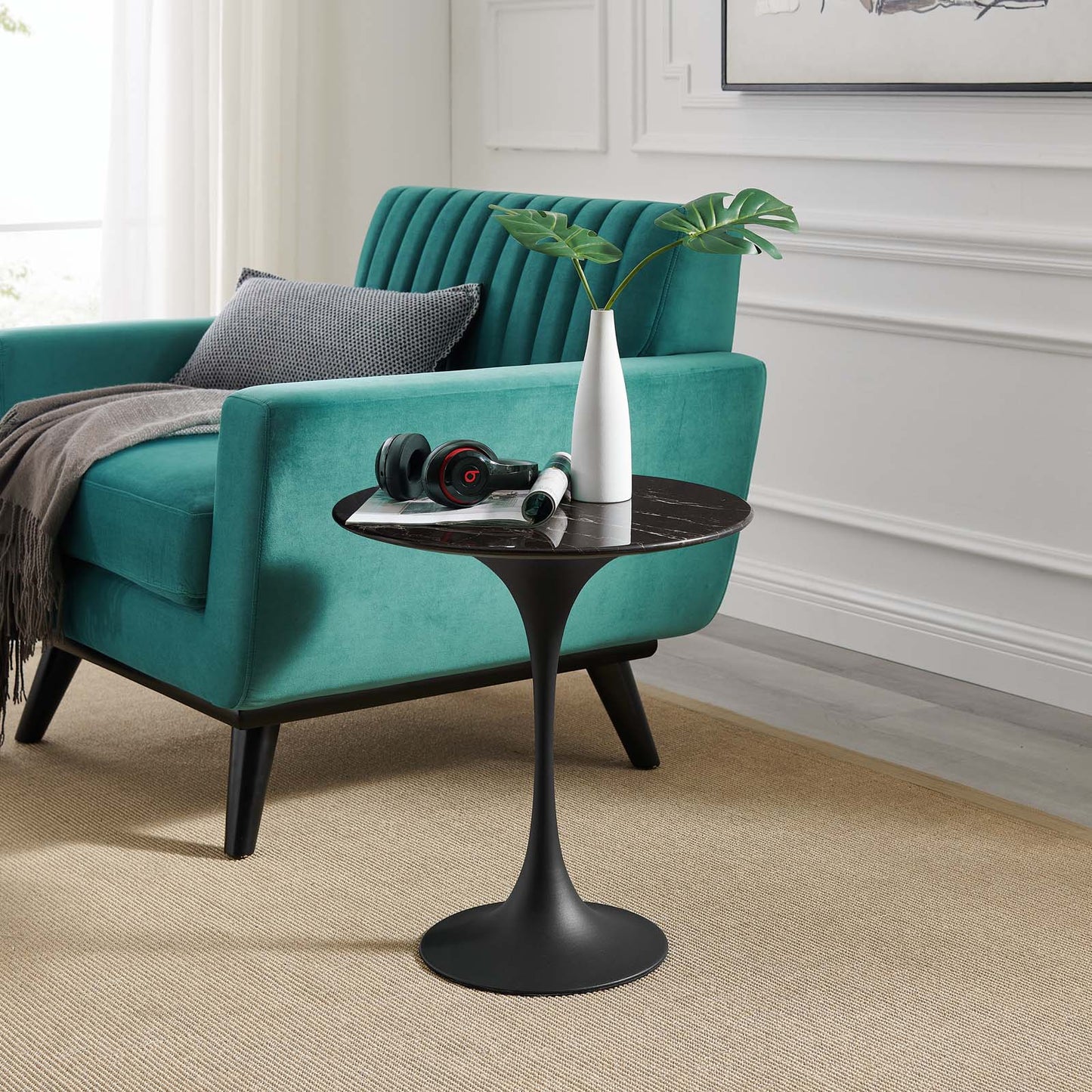 Lippa 20" Round Artificial Marble Side Table Black Black