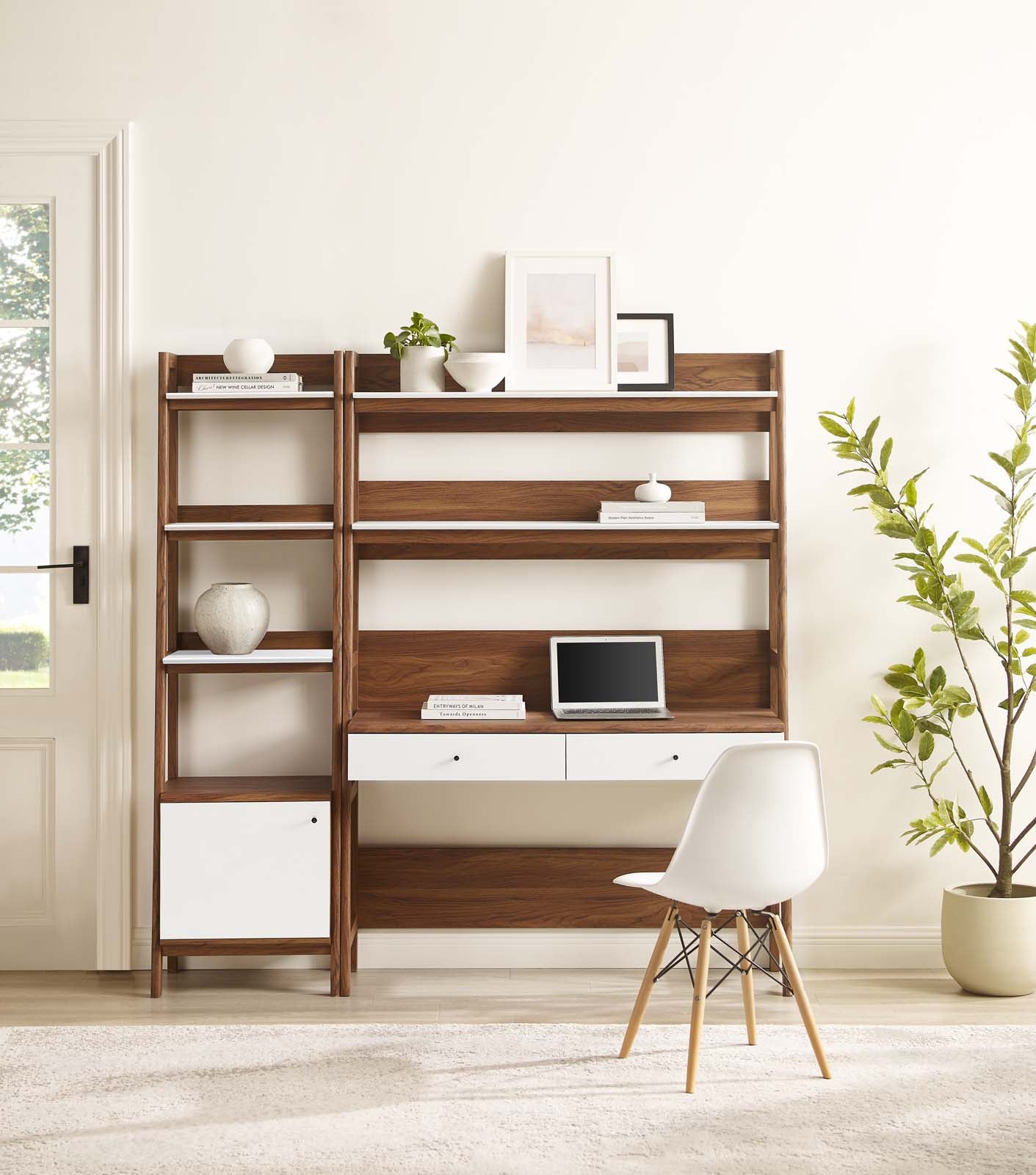 Bixby 2-Piece Wood Office Desk and Bookshelf Walnut White EEI-6111-WAL-WHI