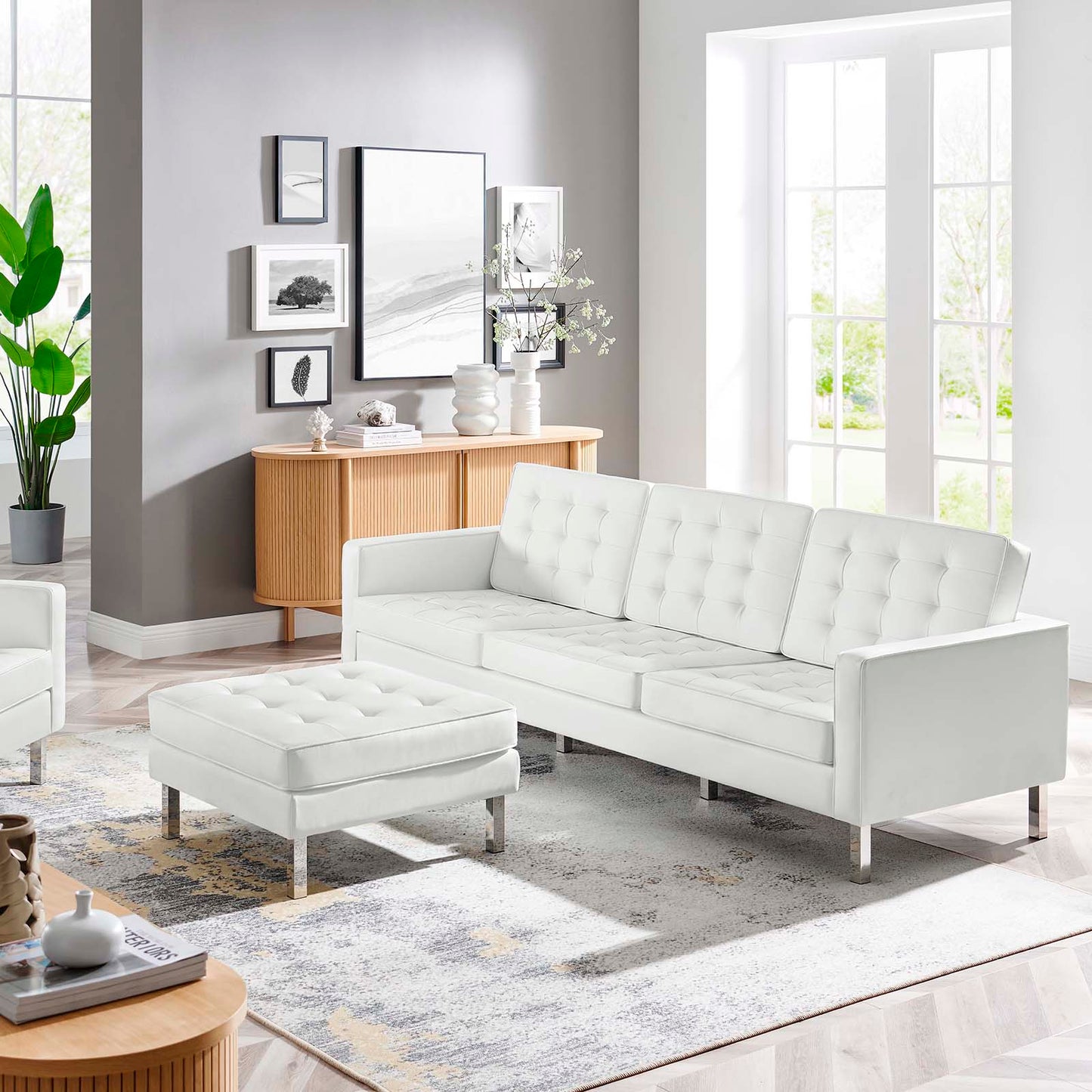 Loft Tufted Vegan Leather Sofa and Ottoman Set Silver