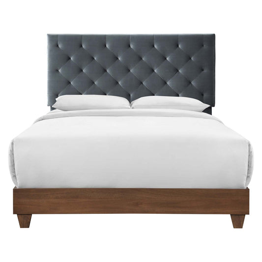 Rhiannon Diamond Tufted Upholstered Performance Velvet Queen Bed Walnut Charcoal MOD-6147-WAL-CHA