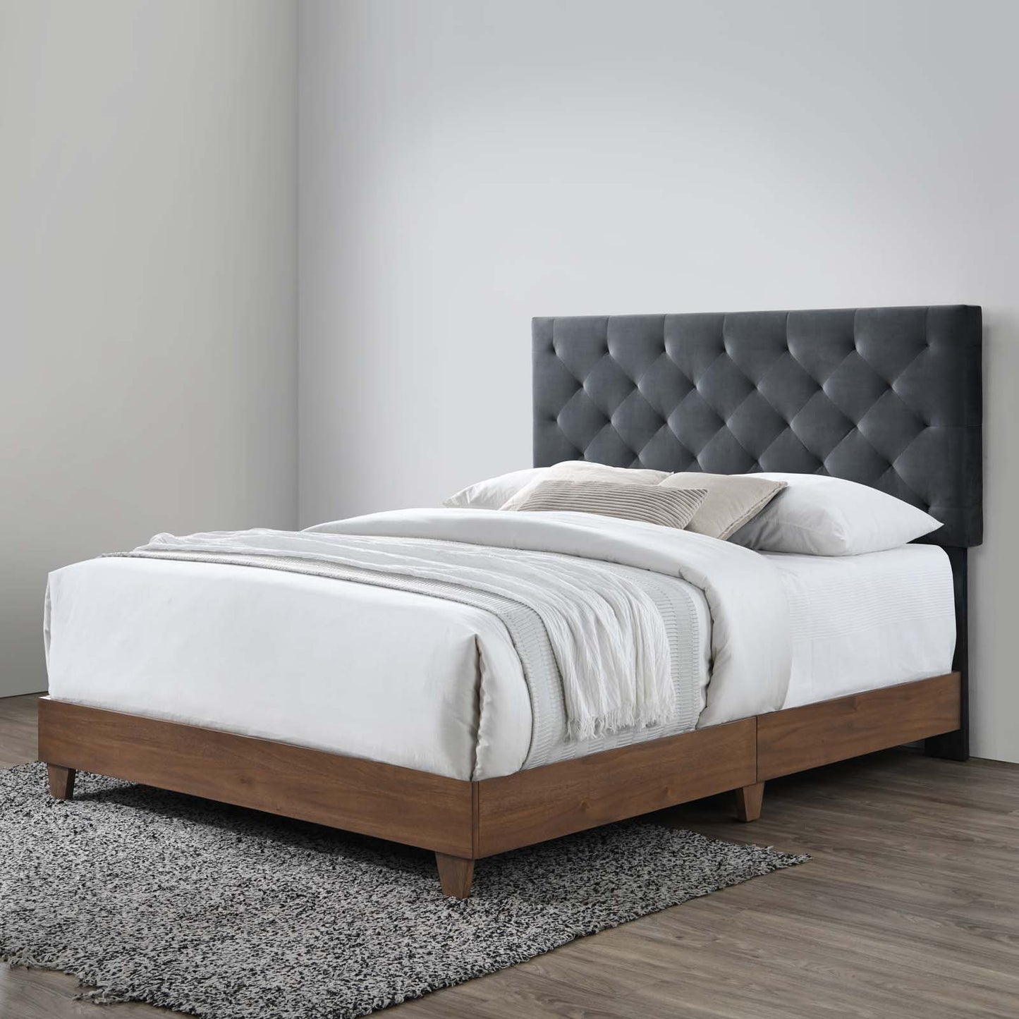 Rhiannon Diamond Tufted Upholstered Performance Velvet Queen Bed Walnut Charcoal MOD-6147-WAL-CHA