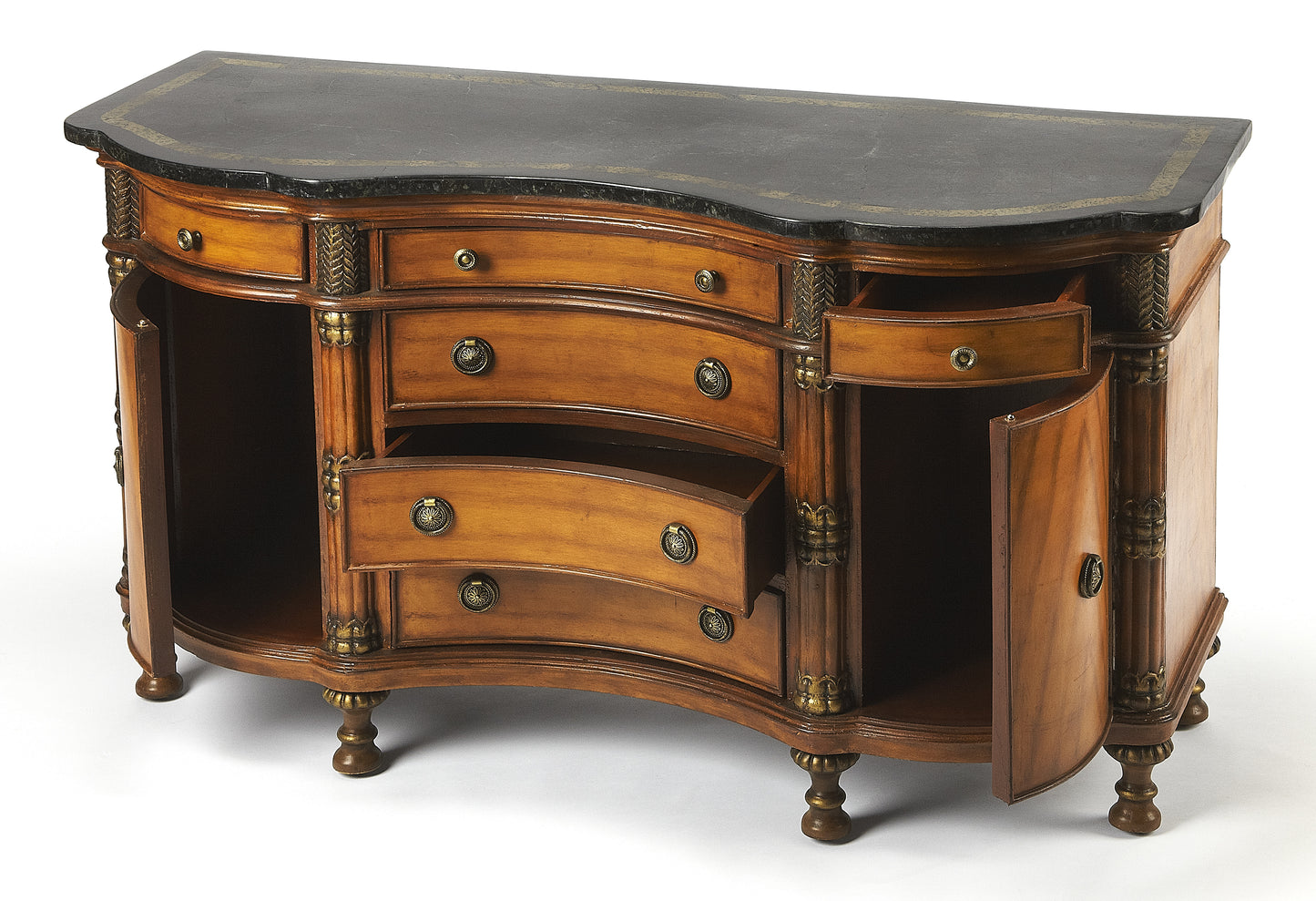 Butler Specialty Company Alberto 53 in. W Demilune Fossil Stone and Wood 6 Drawer Sideboard with 2 Door Storage Area, Multi-Color