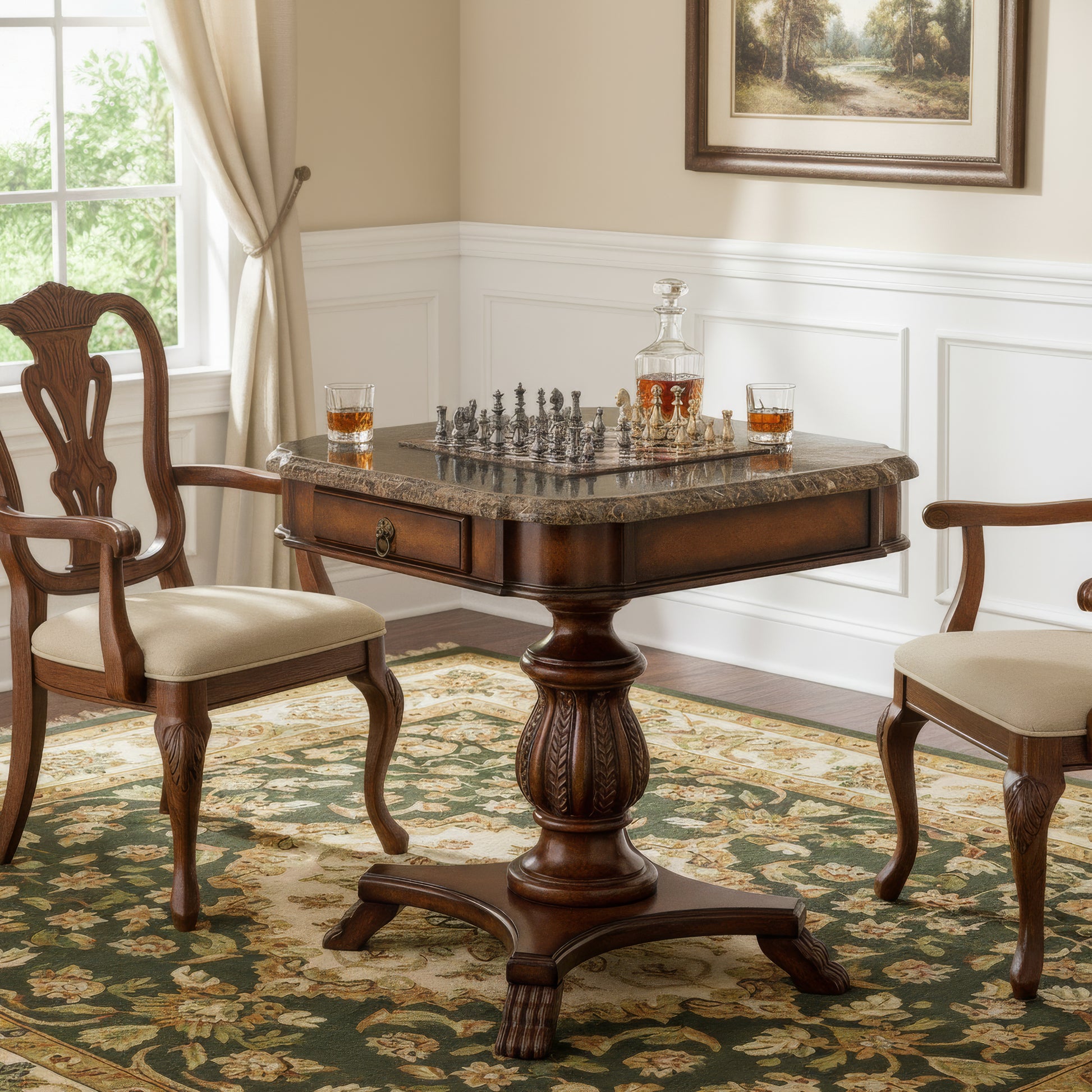 Butler Specialty Company Carlyle 30 in. W Square Fossil Stone and Wood 1 Drawer Game Table with Reversible Top, Multi-Color