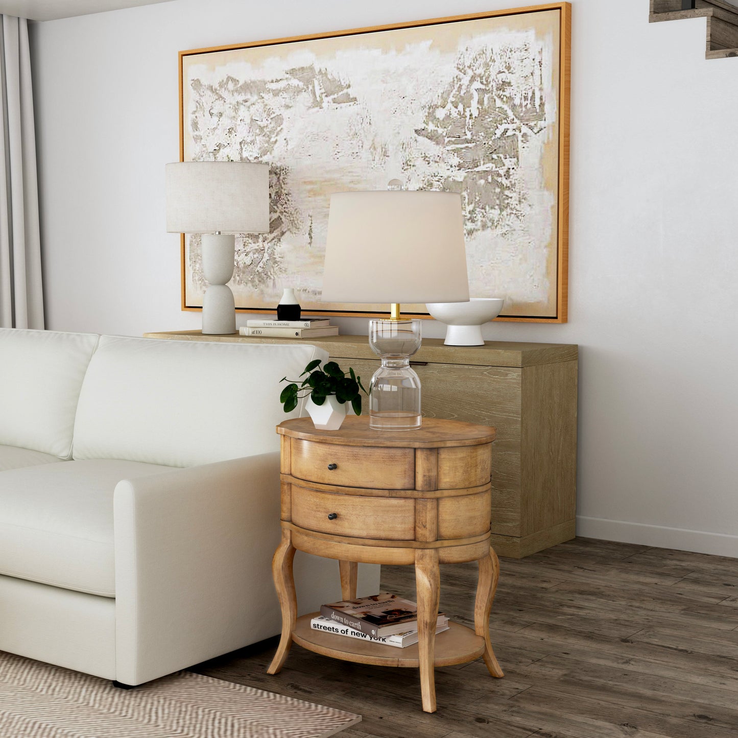 Jarvis Oval 2-Drawer Side Table in Beige  0515424