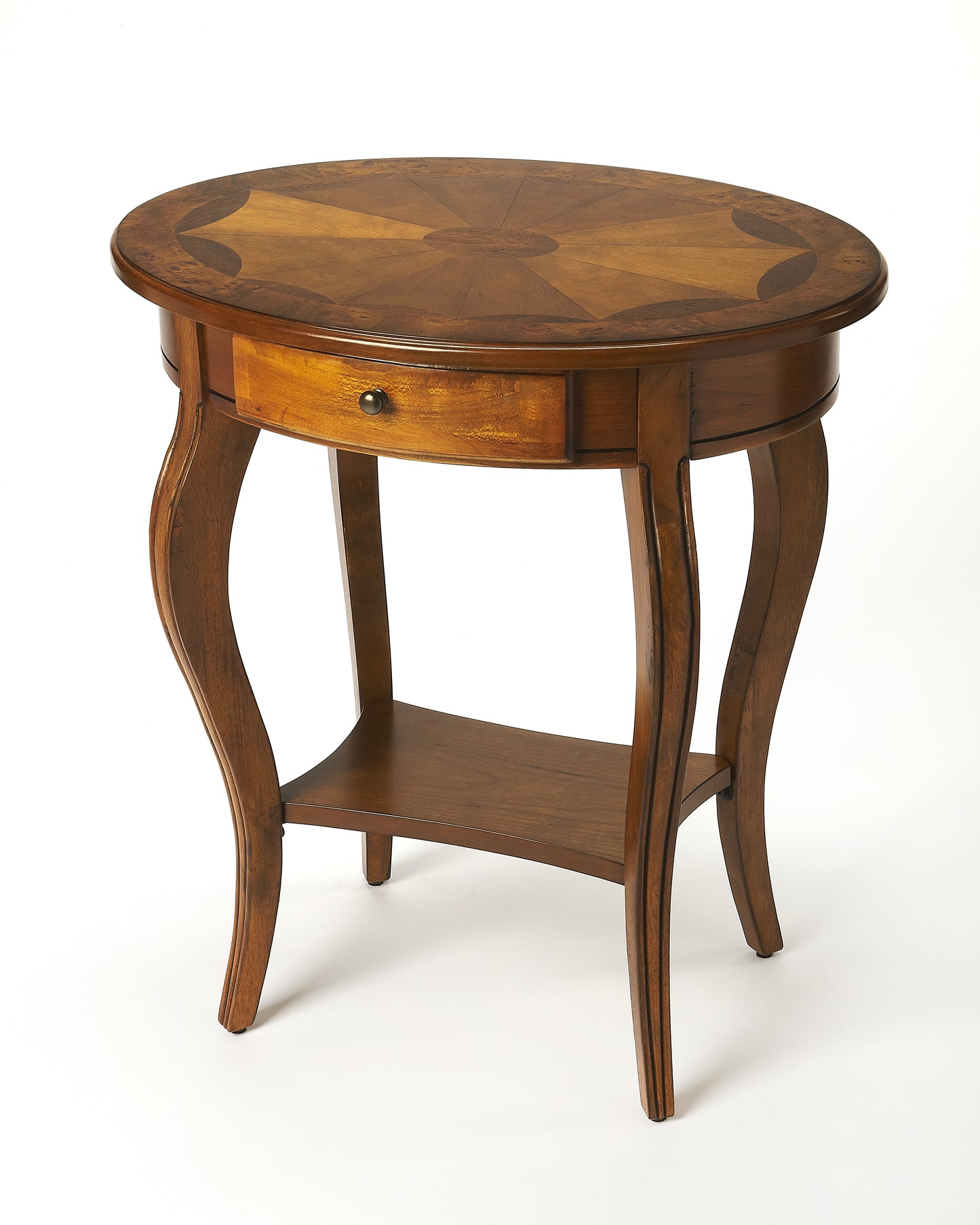 Butler Specialty Company Jeanette 24.5 in. W Oval Wood 1 Drawer Side Table with Lower Open Shelf, Medium Brown