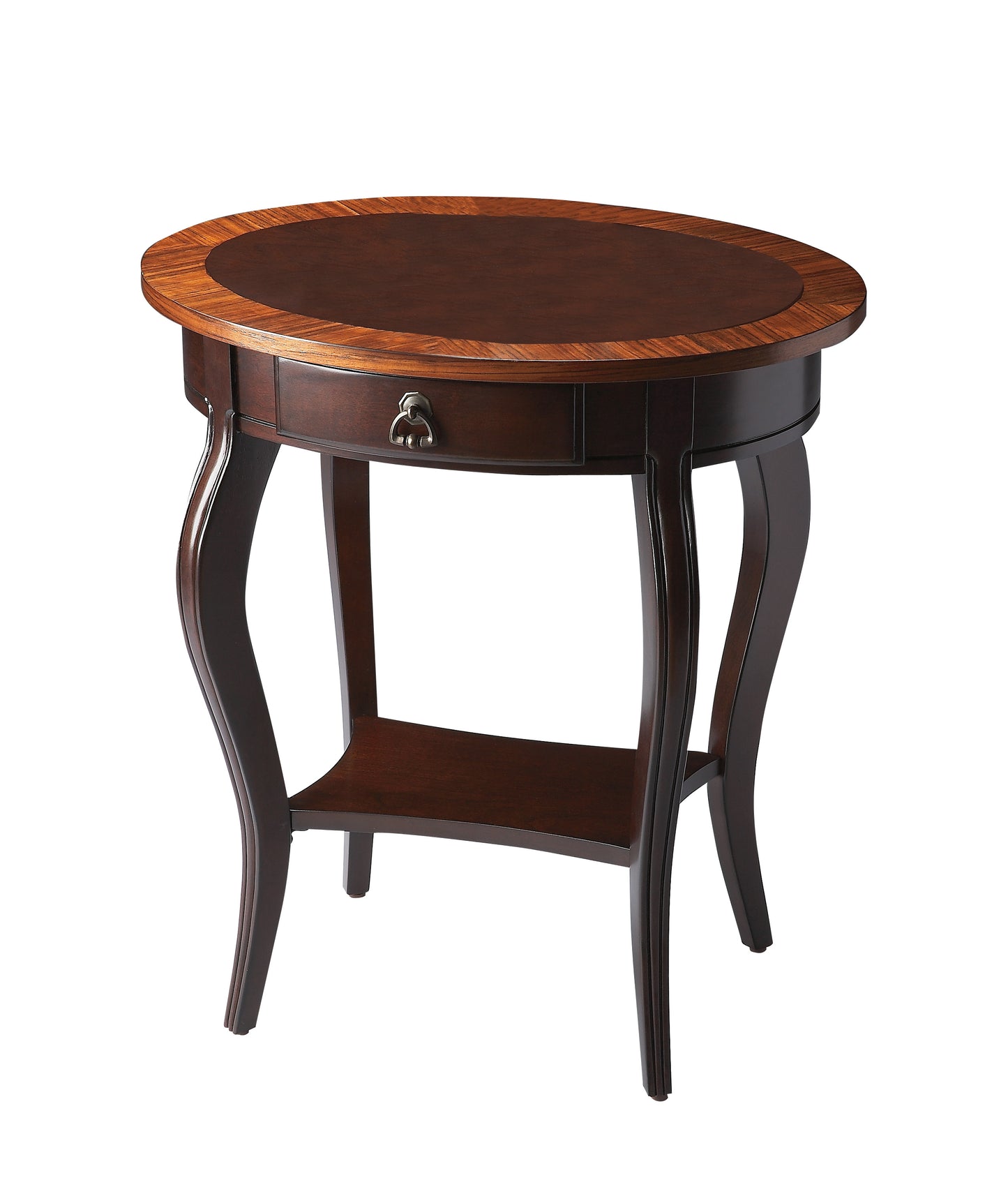 Butler Specialty Company Jeanette 24.5 in. W Oval Wood 1 Drawer Side Table with Lower Open Shelf, Dark Brown